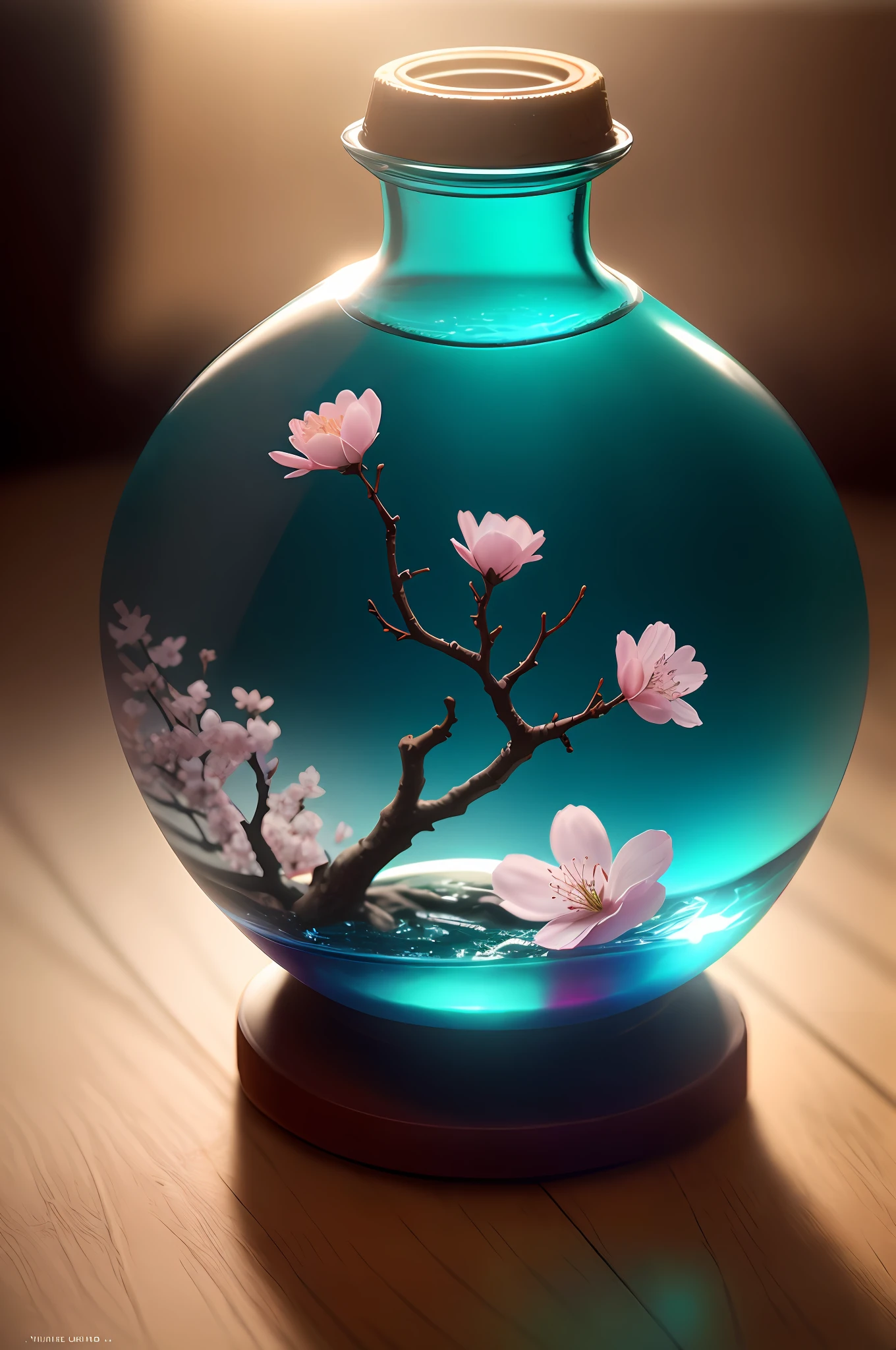 Cherry blossom tree in a bottle,Grows out of the bottle,sticking out,fluffly,make realistic,Atmospheric light refraction,Photo by Lee Jeffries,Nikon D850 Film Stock Photo 4 Kodak Portra 400 Camera F1.6 shots,rich colours,hyper-realistic lifelike texture,Dramatically lit,unreal engine trending on artstation cinestill 800,Style-Glass