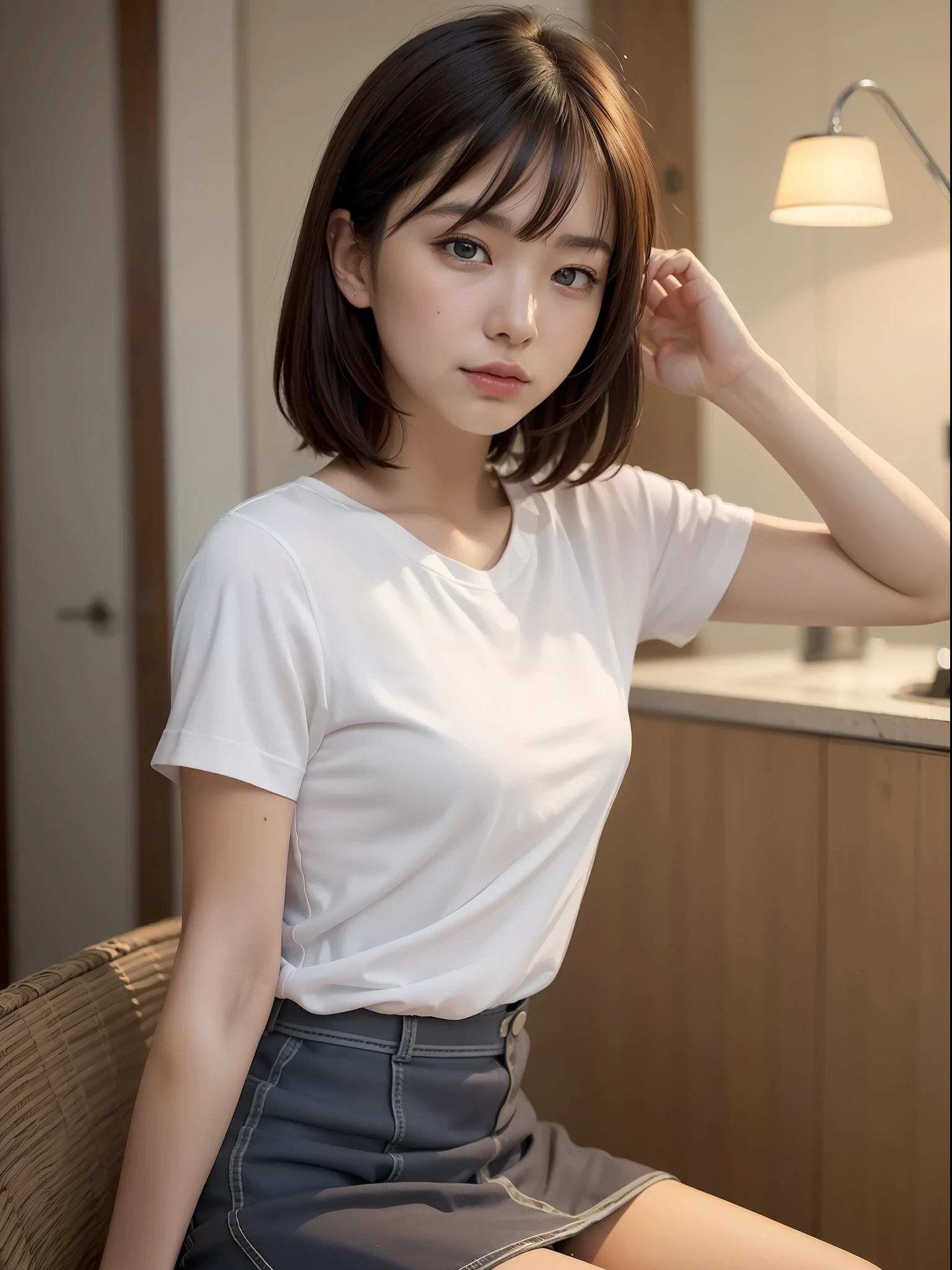 ((top quality, 8k, masterpiece: 1.3, raw photo)), Sharp Focus: 1.2, (1 aespa girl: 1.2), (Realistic, Photorealistic: 1.37), (face focus: 1.1), cute face, small breasts, flat chest, short messy hair, (white shirt: 1.1), skirt, sitting, nightlight, movie lighting