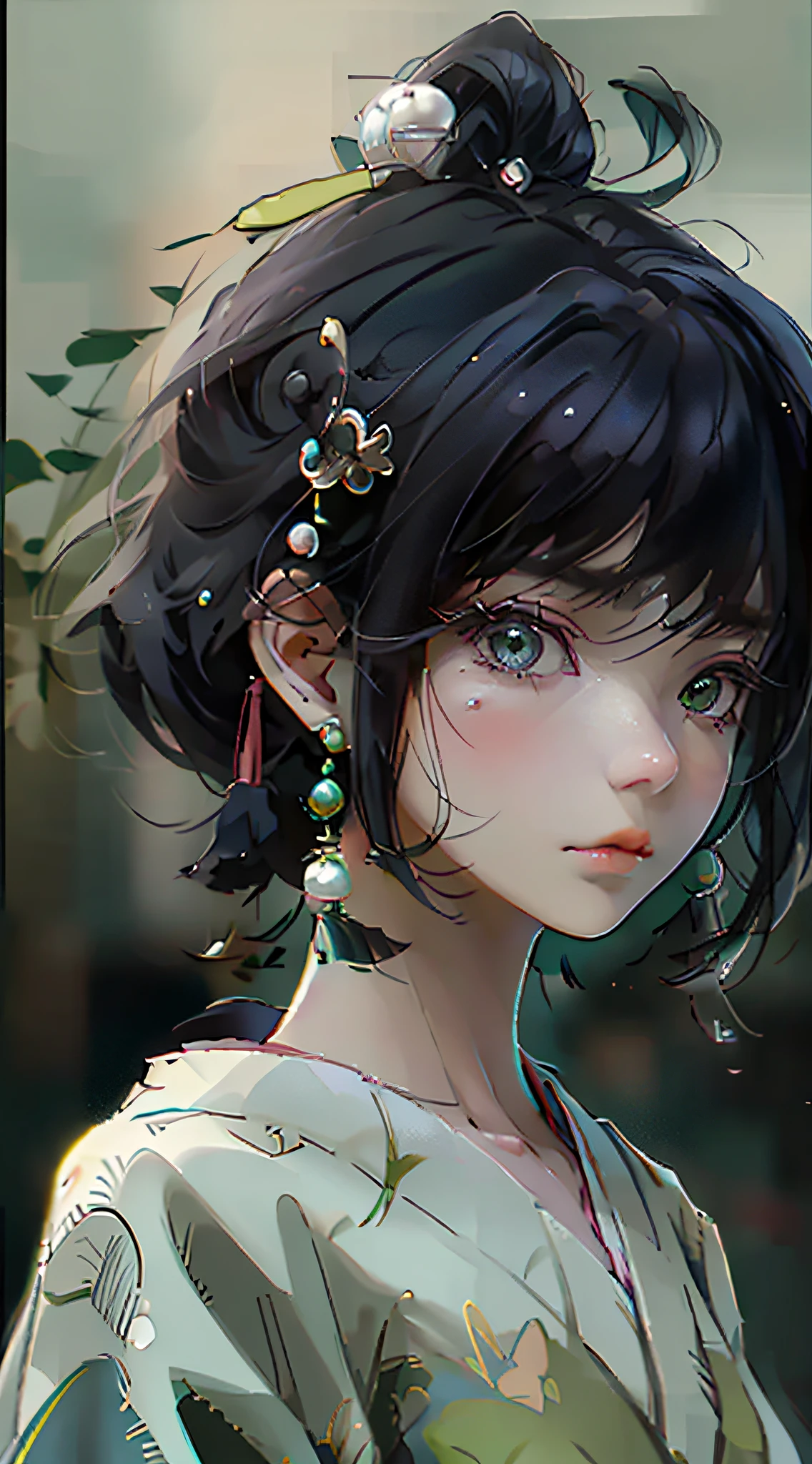 A black short haired woman wearing pearl earrings, green skirt, blue projection, melancholic and mysterious emotions, front view, facial close - up, symmetrical face, Eastern minimalist style, beautiful lines, peaceful face, solid and clean background, Japanese painter Ichiro Oda, best details, --ar 3:4 --s 400 --niji 5