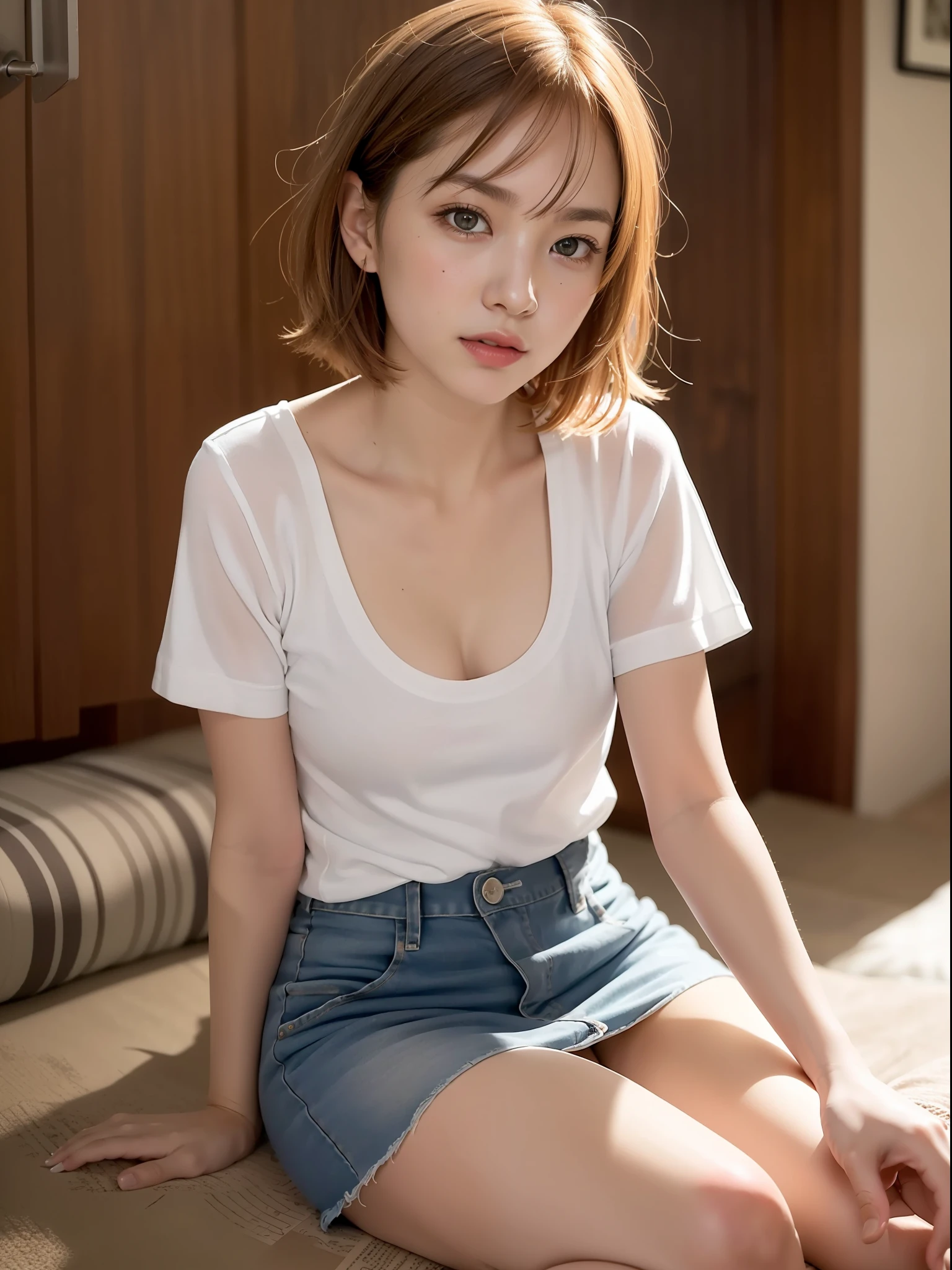 ((top quality, 8k, masterpiece: 1.3, raw photo)), Sharp Focus: 1.2, (1 aespa girl: 1.2), (Realistic, Photorealistic: 1.37), (face focus: 1.1), cute face, small breasts, flat chest, short messy hair, (white shirt: 1.1), skirt, sitting, nightlight, movie lighting
