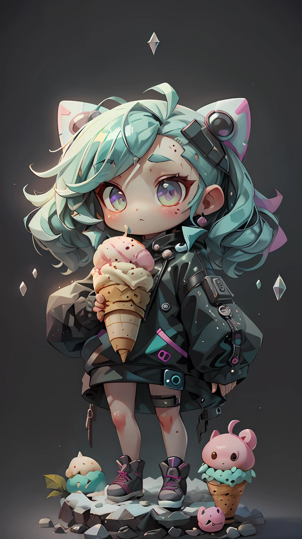 plastican00d， 1girls， Chibi T-Shi， The cyberpunk， Luxury fabrics， dither， Ice cream texture，Profound，  Striped background