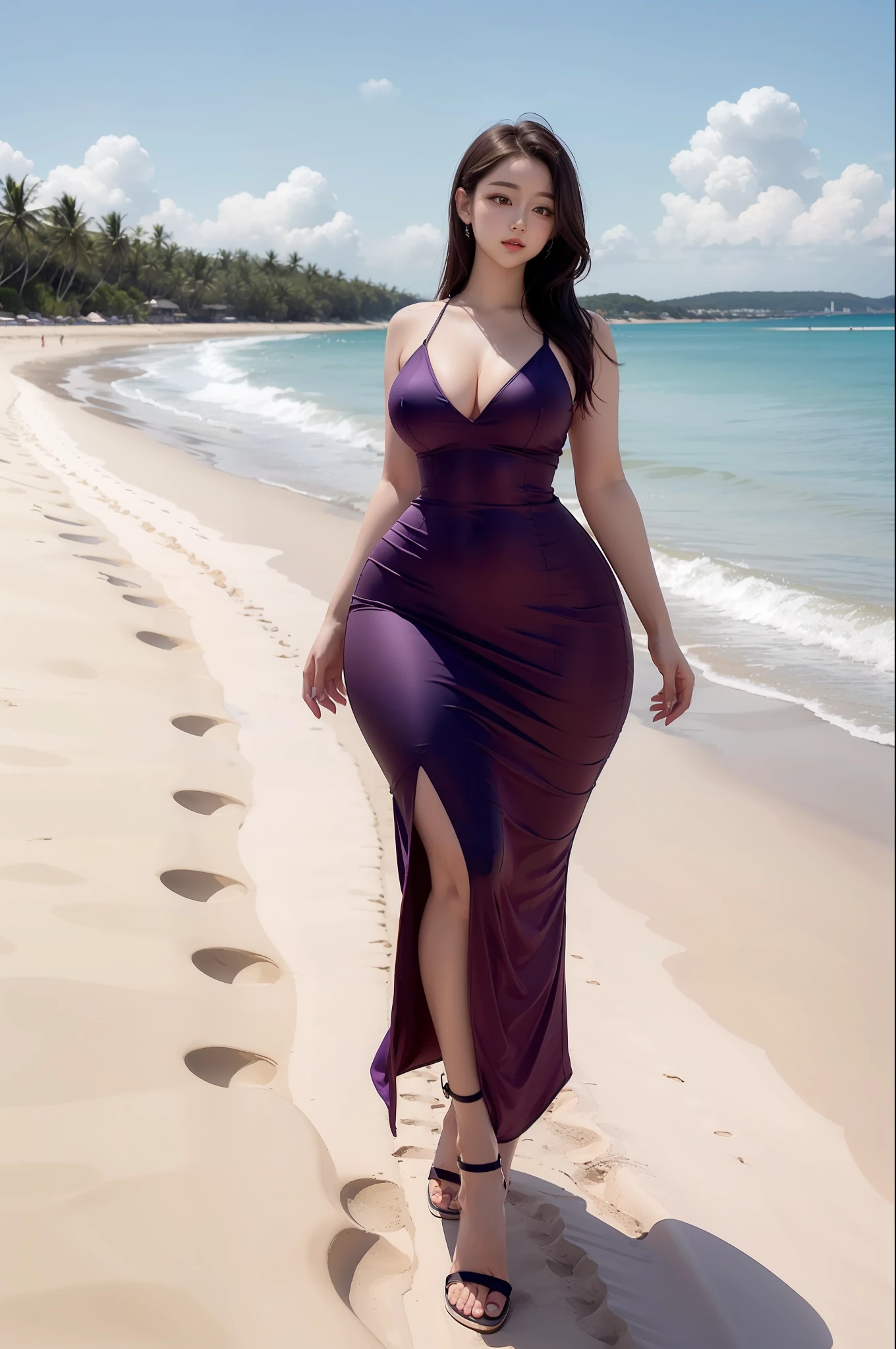 xxappe in a purple dress on a beach, perfect face, tight dress, thicc, distant full body view, big booty, highly realistic.skinny waist and thick hips, waist - shot, sexy dress, curvy hourglass figure, at a beach, hourglass figure, best quality, full body, head to feet, head to foot.