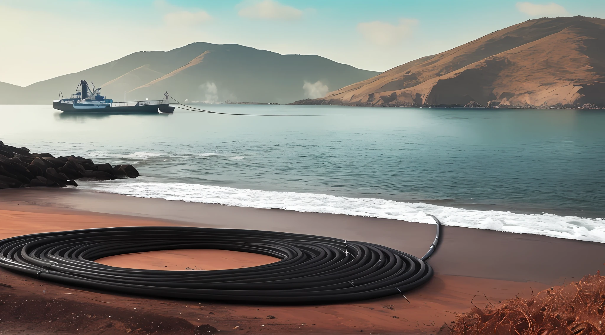 there is a large boat that is on the water near the shore, floating power cables, rubber hose, Le Long, cables and tubes, crisp smooth lines, rubber hose animation, hoses, high quality product image”, tubes and cables, oil lines, motivational, outstanding detail, 4 k / 8 k, heated coils, 4k/8k