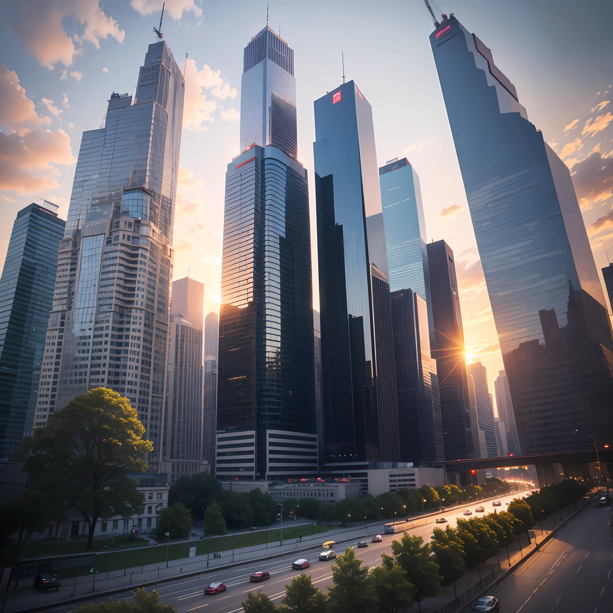 Poland Warszawa skyscraper and parks life in the near future, high technology, street view, next to a park, people and cars on the road, sunset, pro, 35 mm, realism, ultra HD result, 4k, very detailed --auto