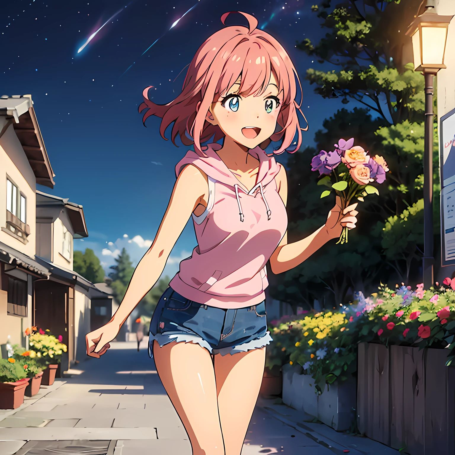 Anime illustrations in the style of "Kyoto Animation", Highest quality, (Cute: 1.1), (Cute), (High resolution: 1.2), Incredibly ridiculous: 1.3, incredibly fine illustrations, Break 1 Beautiful Girl、Solo、(Heterochromia, light blue eyes and light green eyes),Silhouette of the eyes of the stars、 Solo, Standing figure, happy, :D, Princess Eyes, Big breasts, break ,Braids、Light pink hair、Semi-long hair、Red ribbon at the end of braids、Soft lighting、Flower Garden, many flowers, (from avobe), Character Focus,、Angle break from the front , Pink \(Sleeveless Hoodie:1.2)\、Hood down、(Jeans Shorts:1.1)、Solo Focus、
