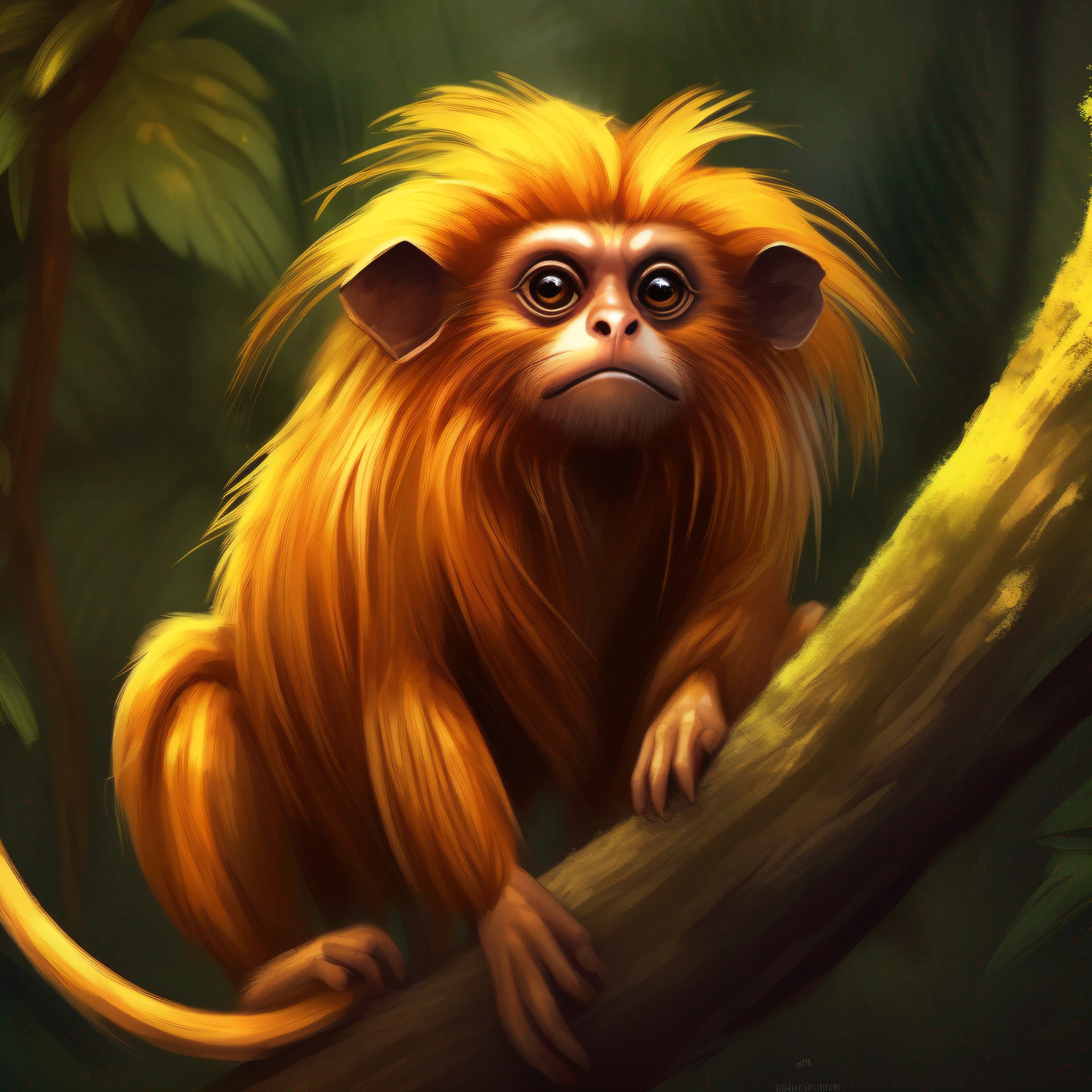 A closeup of a golden lion tamarin monkey with its curious expressions and piercing eyes sitting on a tree branch, humanoid monkey fantasy race, rretrato de um animal de desenho animado, stylized digital illustration, macaco, criatura fofa da floresta, adorable digital painting, arte digital detalhada bonito, sagui render, arte digital animal foto, pintura digital dos desenhos animados, cyber monkey in the scifi forest, marmoset, 4 k