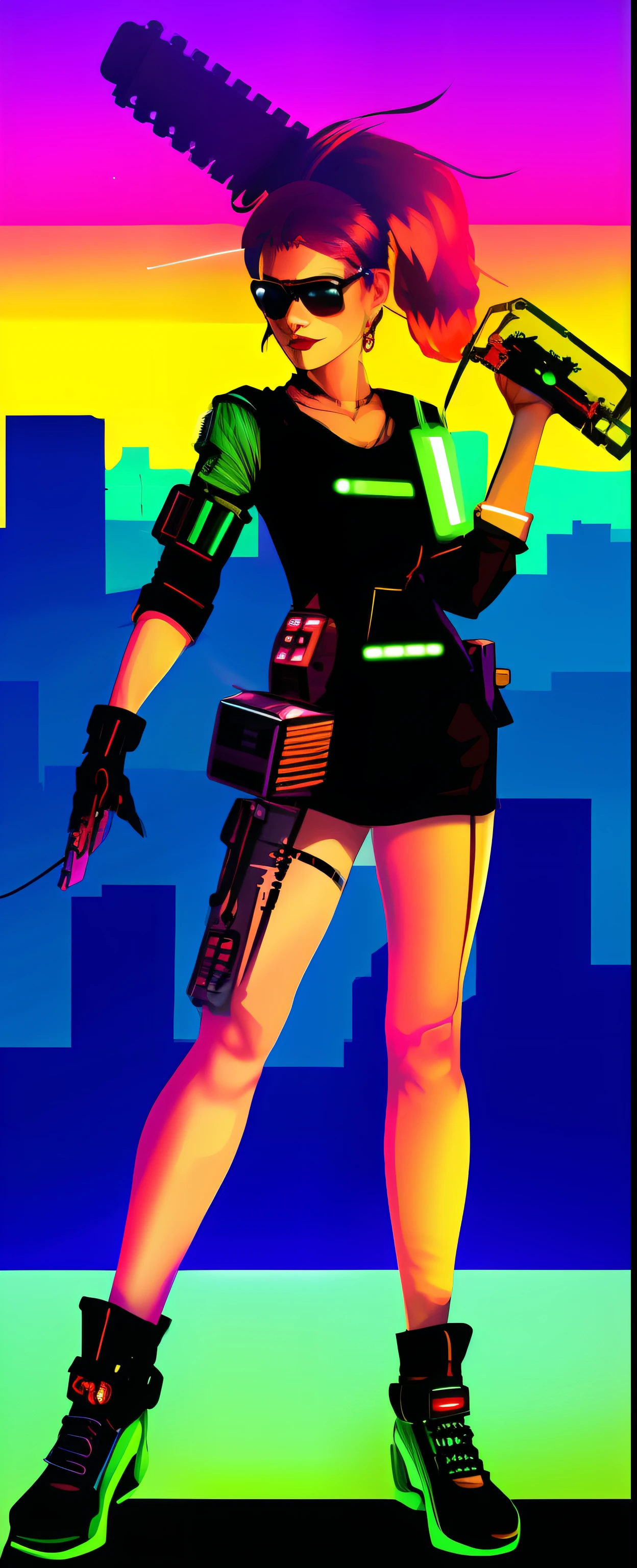 there is a woman with a green hair and a green and black outfit, fashionable cyberpunk mechanoid, detailed cyberpunk illustration, glitchpunk, cypherpunk fashion illustration, meninacha cyber armor, cyberpunk menina anime estilo cyber universe, clothed in cyber armour, menina comerciantegue, roupa cyberpunk, menina soldado mecanizadilo de arte medieval