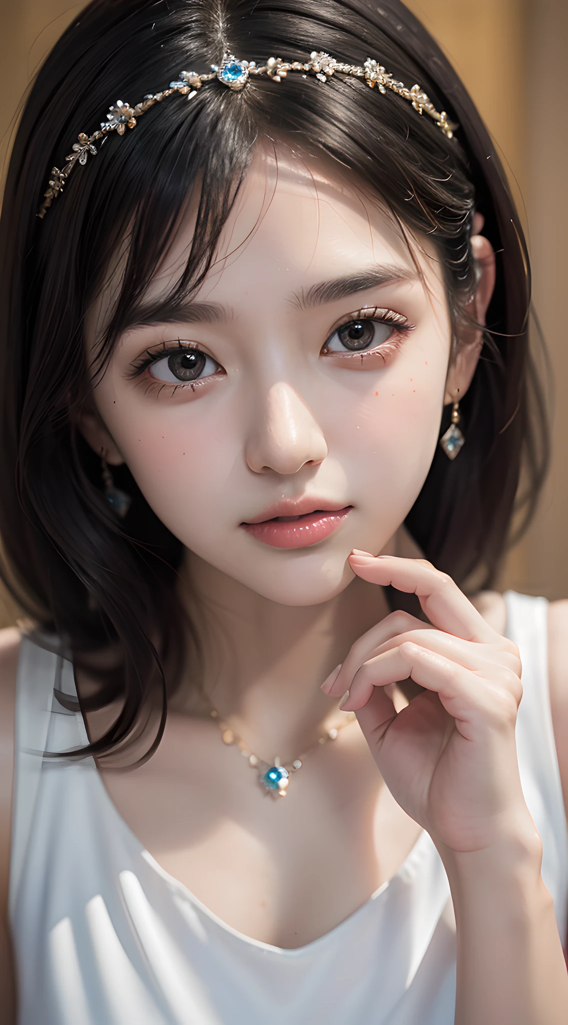 (masterpiece, best quality:1.4), graceful pose, beautiful girl, violaceaess, gardeniass, (close up face, cinch waist elegance white dress:1.4), formal, tiara, necklace, earrings, 8k, 50mm portrait, 18yo, raw photo, absurdres, delicate girl, large breasts, thin arms, very thin waist, (smile:0.5), DSLR, reflecting elegance, facelight, clear lighting, film grain, chromatic aberration, (palace dance hall:1.2), simple background, blue sapphire