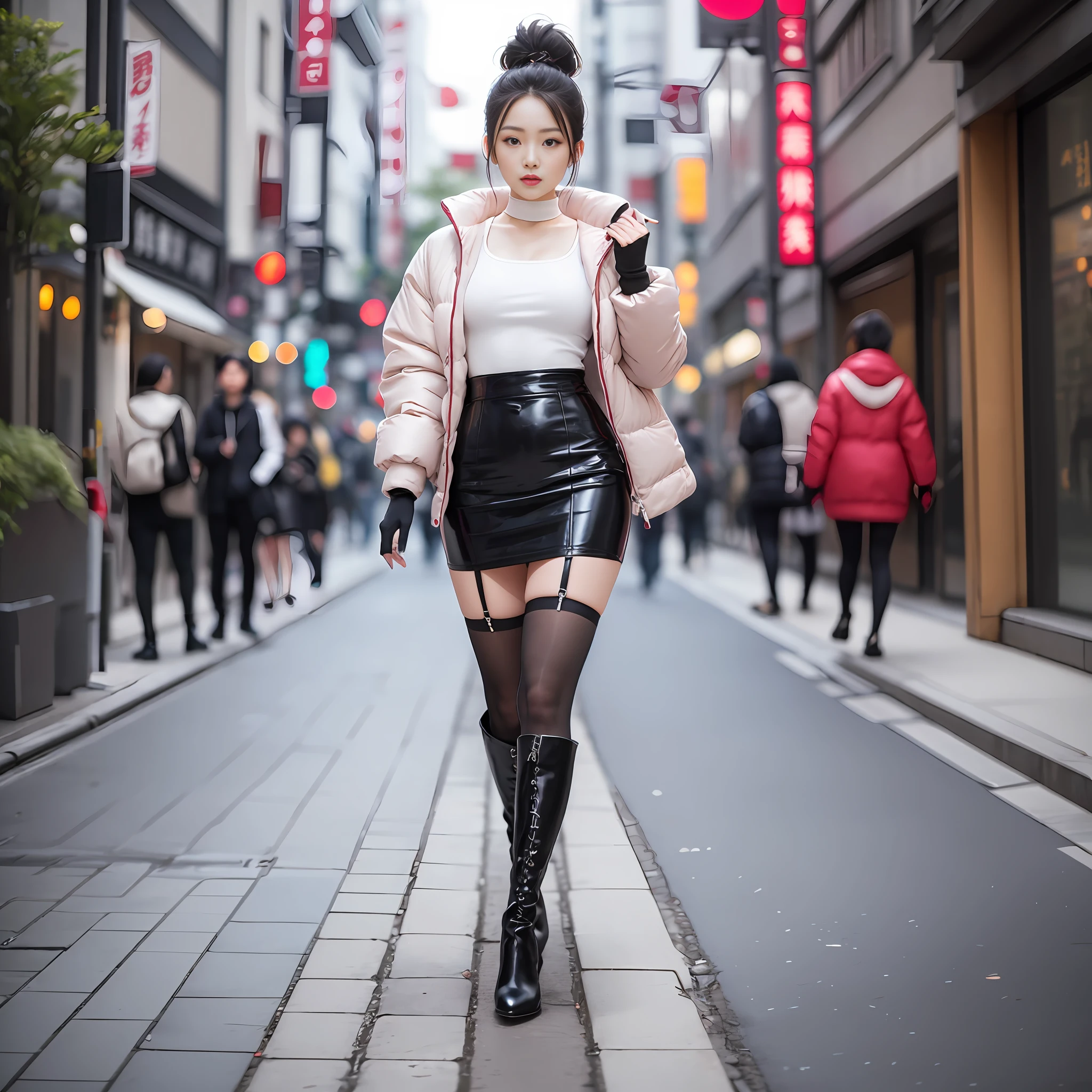 A woman in a white top and black boots standing on the street, Chinese female fashion model, white fluffy clothes, short skirt and long jacket, Japanese city street fashion, black pink Rosan Park, she wears streetwear, Japanese street fashion, Tokyo fashion, street dress woman in jacket and skirt, street fashion, Harajuku street fashion, beautiful woman walking in the wind, black gloves, over-the-knee red boots, tall, long legs, perfect body proportions, thin waist, black suspender stockings, tall, Slender body, nine-headed body, big eyes, beautiful and exquisite face, perfect body details, perfect body proportions, perfect visual proportions, fashion shooting, glamorous, feminine, delicate, highlighting female curves, subtext: sexy, confident. Chinese woman --auto --s2