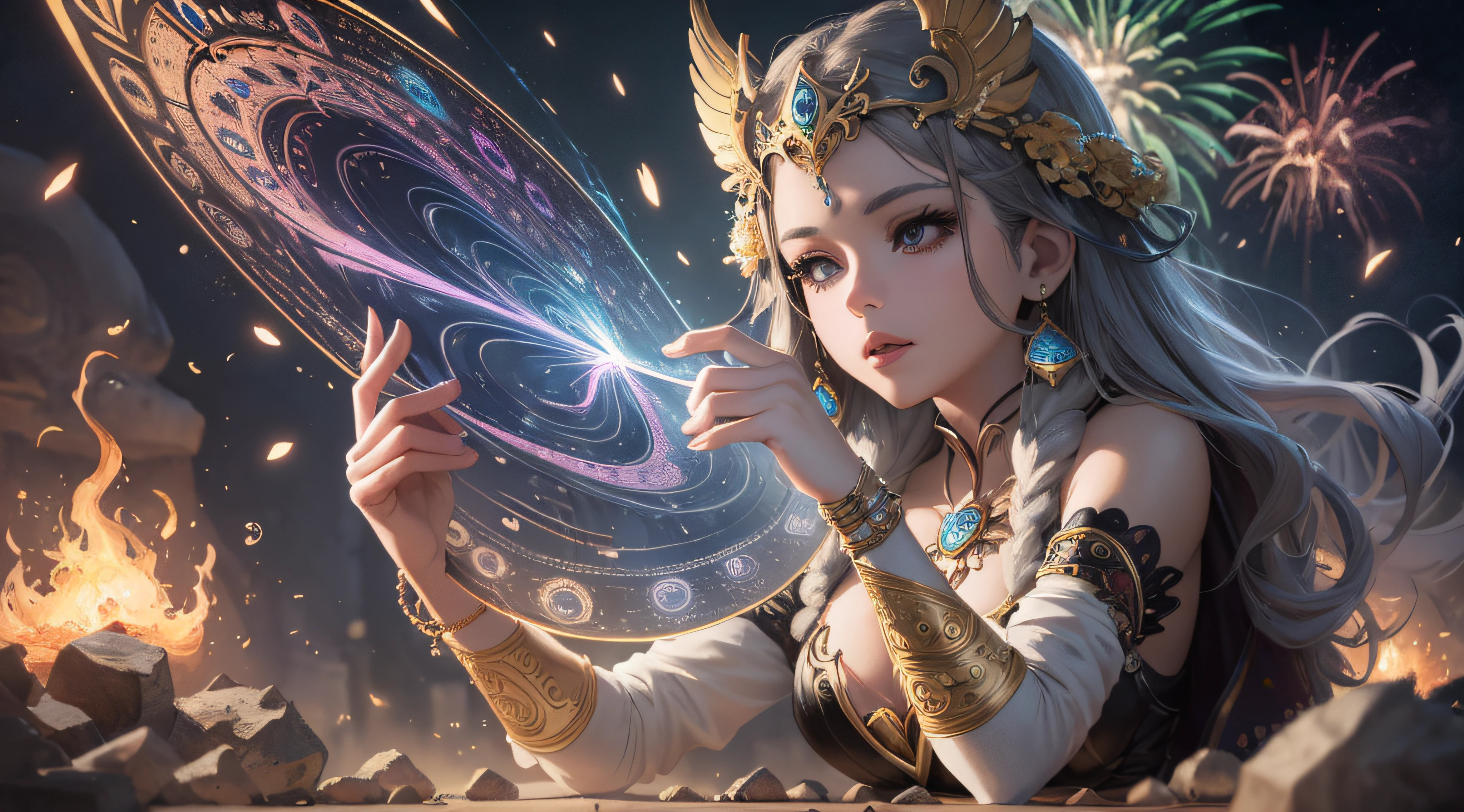 a close up of a woman holding a fan in her hand, beautiful celestial mage, fantasy art style, 2. 5 d cgi anime fantasy artwork, fantasy art behance, anime fantasy illustration, detailed fantasy digital art, anime fantasy artwork, 4k highly detailed digital art, 8k stunning artwork, ig model | artgerm, trending digital fantasy art, detailed fantasy art