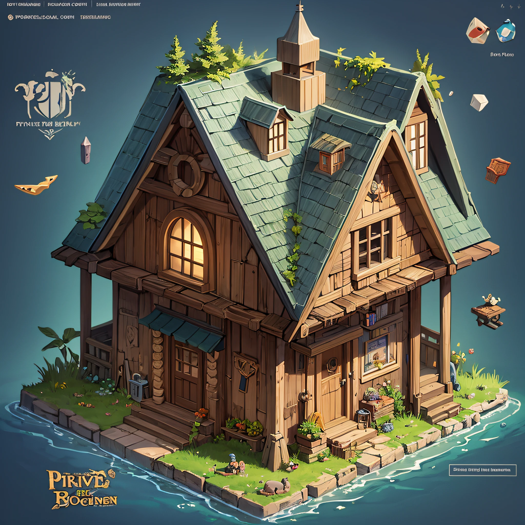Isometric house, RPG style, cartoon, DnD, fantasy, mobile game, primitive man, animal bone, stone, wood