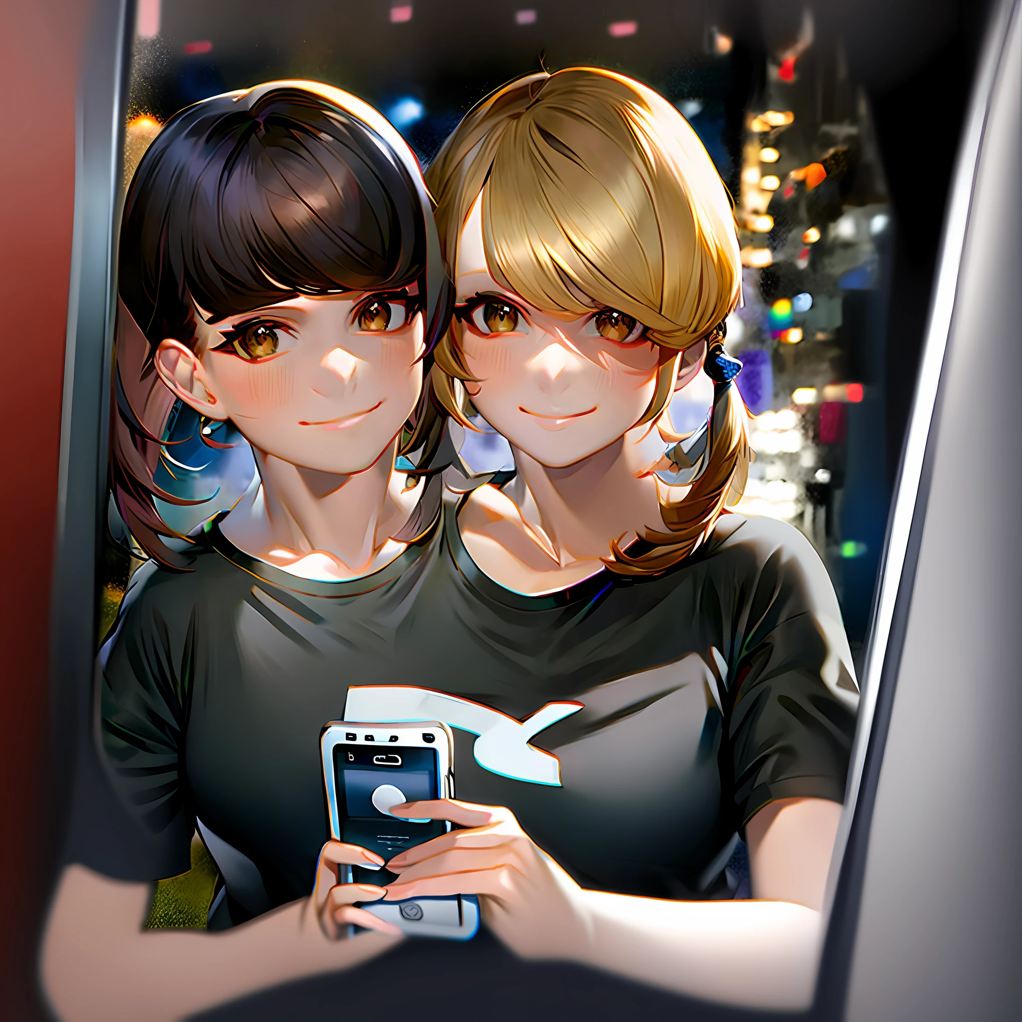 2heads,brown hair, blonde hair, breasts, shirt, selfie, phone, twintails, long hair, short hair,holding, holding phone, cellphone, large breasts, looking at viewer, black shirt, t-shirt, 2girls, 1girl, multiple girls, brown eyes, smartphone, mirror, lips, smile, realistic