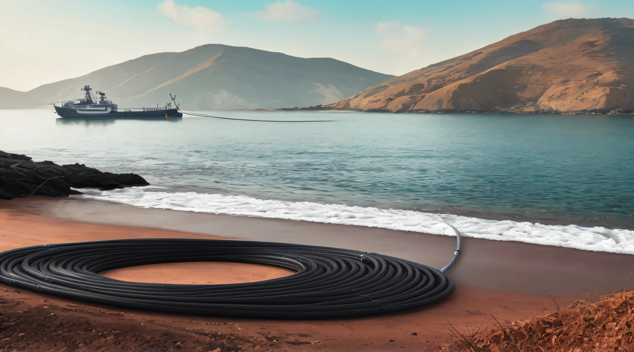 there is a large boat that is on the water near the shore, floating power cables, rubber hose, Le Long, cables and tubes, crisp smooth lines, rubber hose animation, hoses, high quality product image”, tubes and cables, oil lines, motivational, outstanding detail, 4 k / 8 k, heated coils, 4k/8k