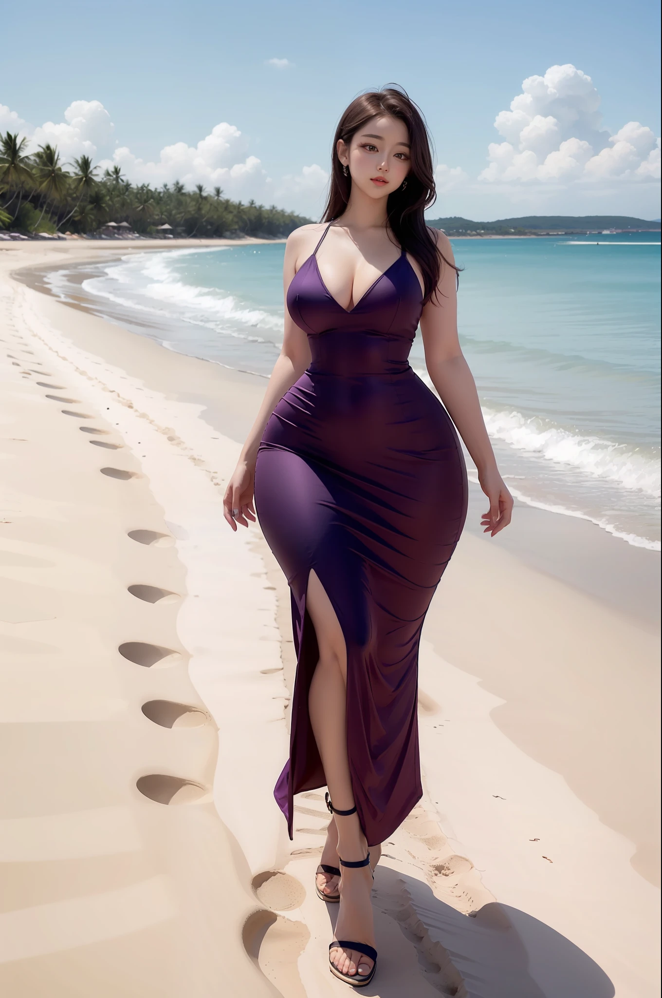 xxappe in a purple dress on a beach, perfect face, tight dress, thicc, distant full body view, big booty, highly realistic.skinny waist and thick hips, waist - shot, sexy dress, curvy hourglass figure, at a beach, hourglass figure, best quality, full body, head to feet, head to foot.