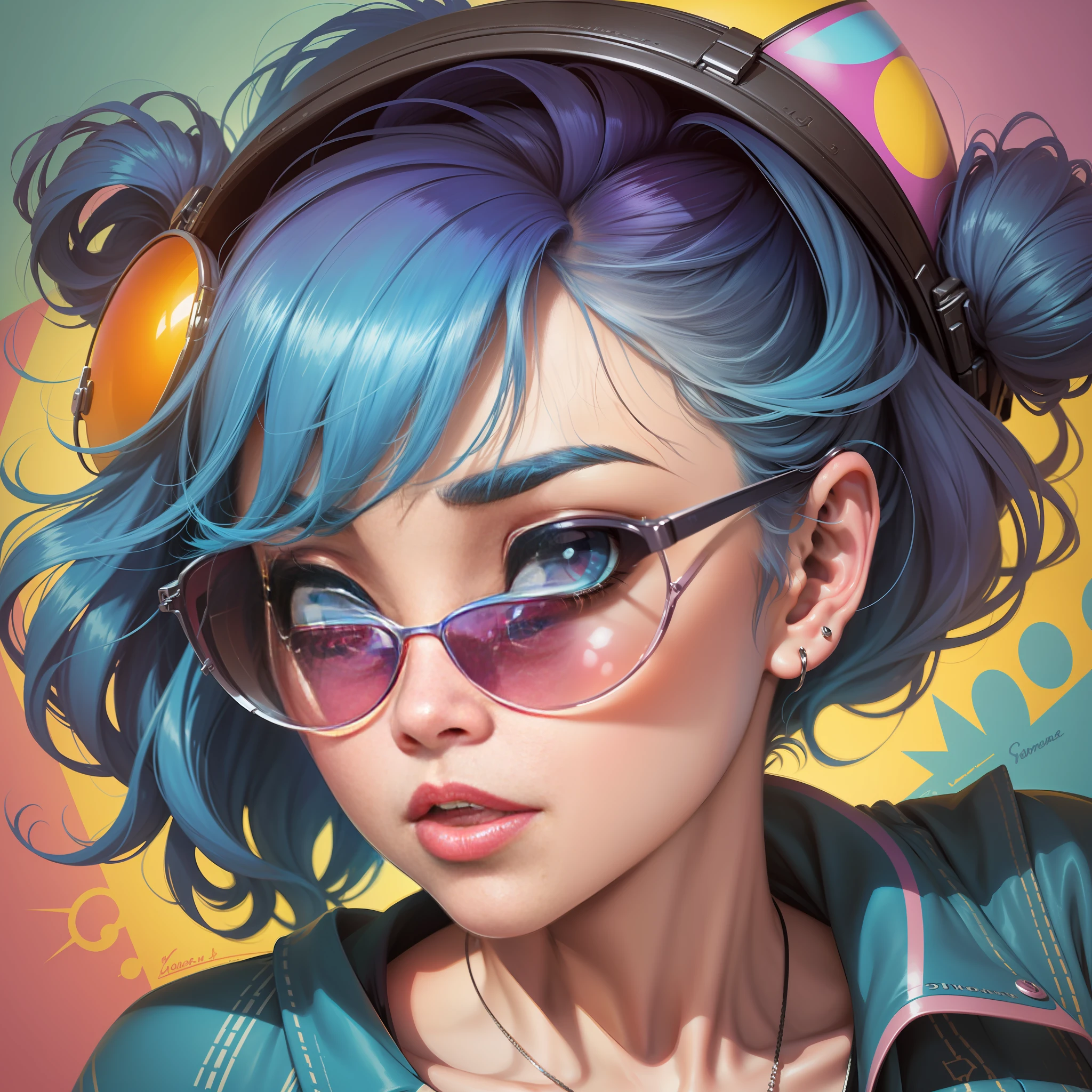 Close-up of blue haired woman with sunglasses, violet polsangi pop art, retro comic art style, pop art cartoon style, bright and colorful comic style, woman with rose colored glasses, wearing blue sunglasses, in pop art style, beautiful blue hair woman, cartoon style illustration, girl with blue hair, in digital illustration style