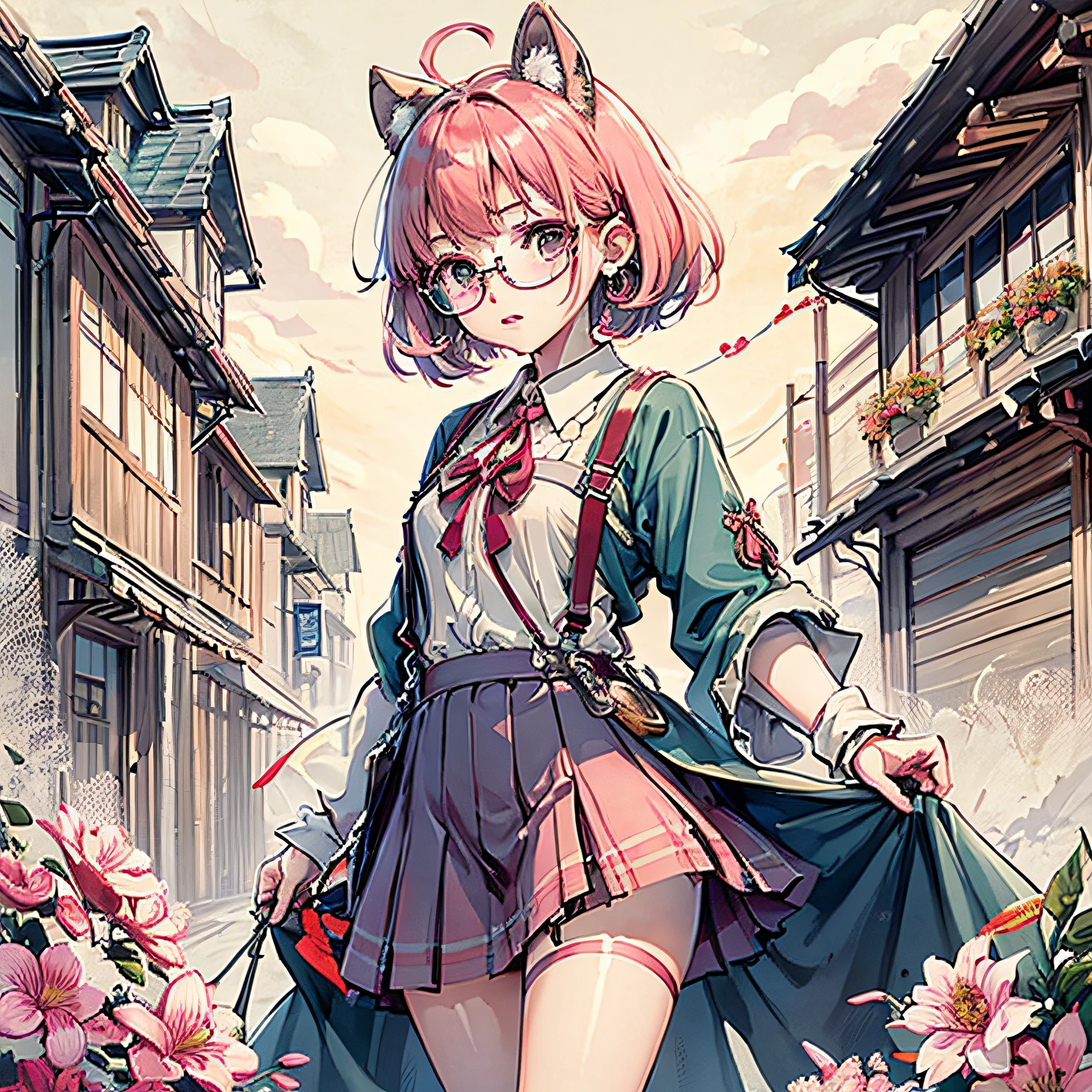(nmasterpiece:1.2,最佳质量),(dynamic lighting)1lady,独奏,short-length hair,A short skirt,(shiny skins:1.2),Haut du corps,eye glass,modern day,Wavy pink hair,Pink suspenders,Flowers on the ears,Harajuku style,hair pin,Lori,ahoge