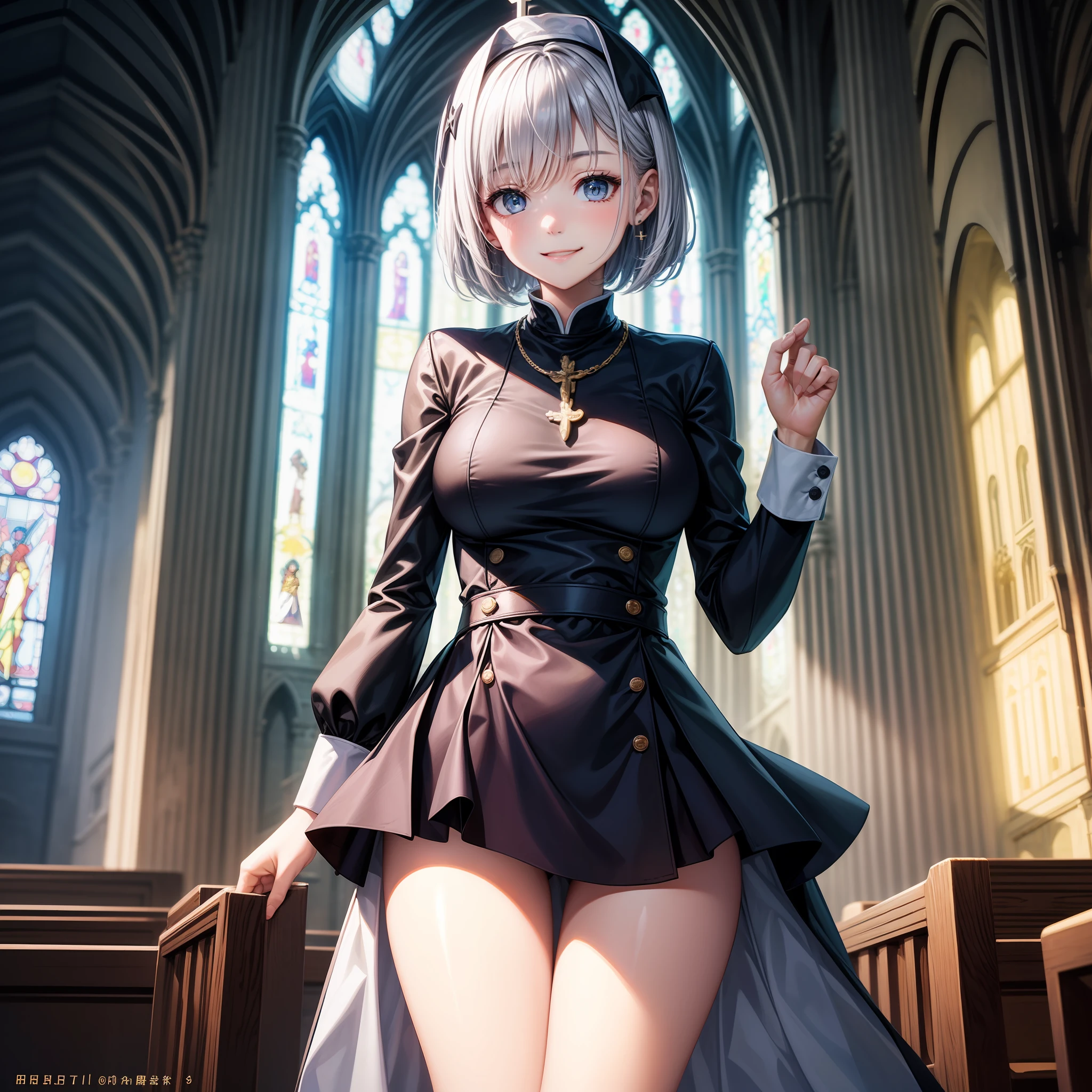 Top Quality、One girl、Clergy attire、Small face、Light blue hairstyle、Shorthair、Giant tits、Slender、Dark eyes、smile on face、beauty legs、night、An empty church、Background blur