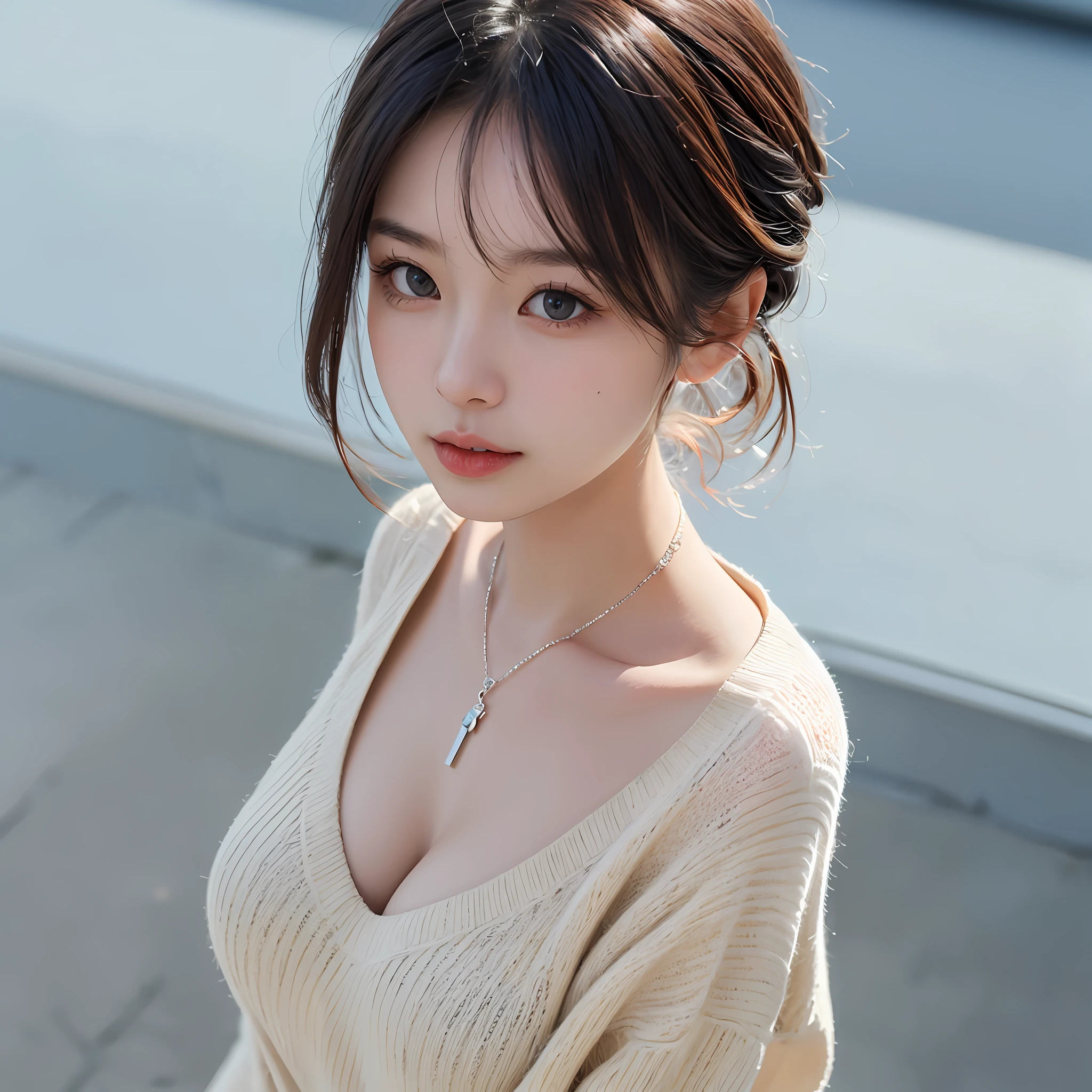 (Top Quality、8k、32k、巨作、UHD:1.2)、Cute Japan Woman Pictures、a large breast、Very short bob hair、Haut du corps、Facial focus、oversized_sweater、neckless、simple background、from above view、looking at the viewers、a 1 woman