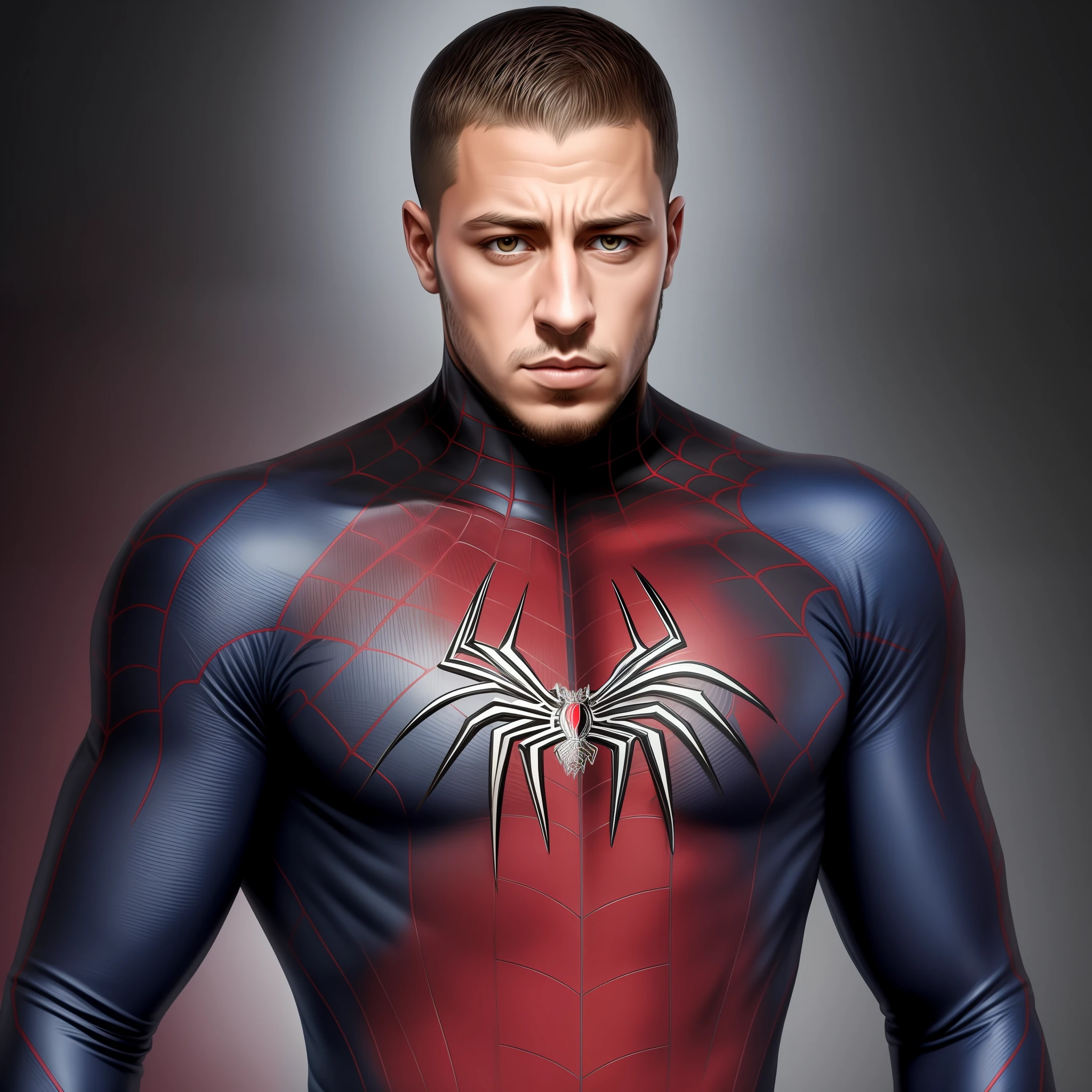 Retrato de Eden Hazard como homem aranha, traje preto estilo aranha verse