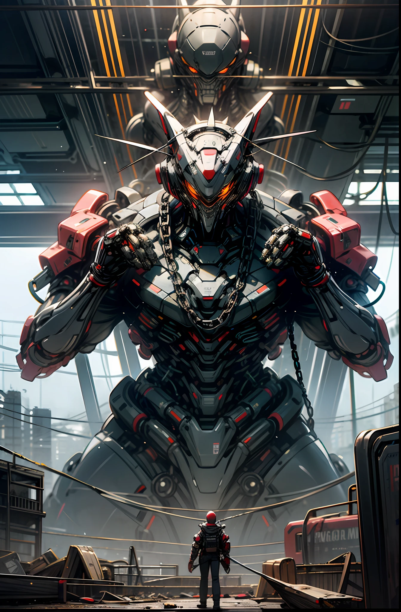 Dark_Fantasy,Cyberpunk,(chain saw,chain saw man,Red:1.1),1man,Mechanical marvel,Robotic presence,Cybernetic guardian,