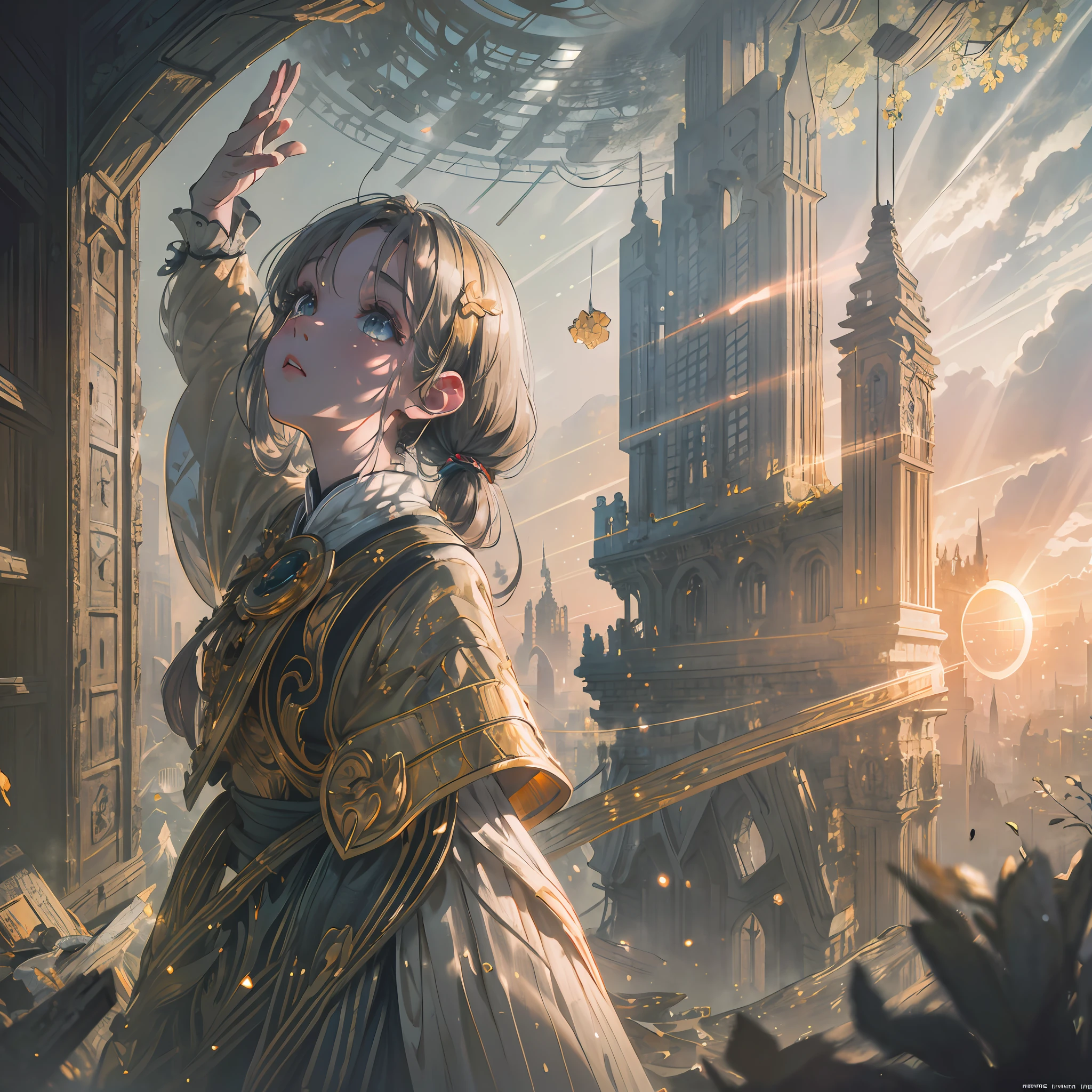 (award winning 8k concept art:1.3) of (young woman looking up standing on the hill:1.2), close to camera, sweet, front, epic, god rays, (masterpiece:1.4), (best quality:1.4), Amazing, beautiful, finely detailed, warm soft color grading, (Depth of field:1.4), extremely detailed 64k, fine art, stunning, (light reflections:1.2), (crisp:1.6), gold twin tails, vibrant, (edge detection:1.4), absurdres, impressive, 120mm, clear, lens flare, symmetrical clothes, wide shot, wide angle, ruins
