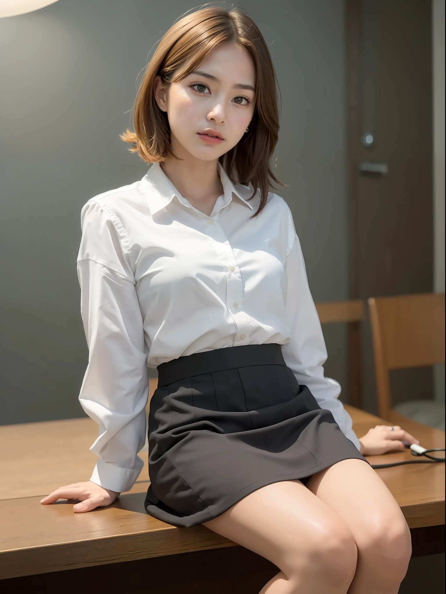 ((top quality, 8k, masterpiece: 1.3, raw photo)), Sharp Focus: 1.2, (1 aespa girl: 1.2), (Realistic, Photorealistic: 1.37), (face focus: 1.1), cute face, small , flat chest, short messy hair, (white shirt: 1.1), skirt, sitting, nightlight, movie lighting