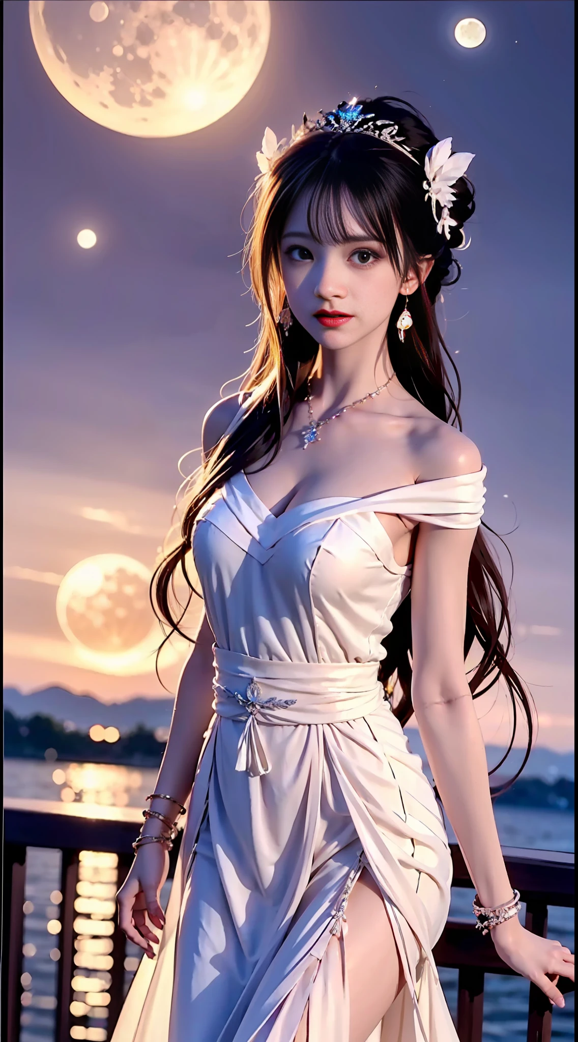 moon, moonlight, full moon, night, dark blue sky, violet, lilac dress, long skirt on chest, long black hair, long hair and waist, beautiful maiden, god, divinity, white tiara, sitting on railing, hair, slanted bangs, headband, hair ornament, forehead gemstone, paulai's jewel branch, crescent hair ornament, fish hair ornament, god ray, glitter, cinematic lighting, lens glare, uhd, high detail, high quality, high resolution, best quality, 8K, 16K, high detail, high quality, high quality, super detail, Anatomically correct, masterpiece, ccurate