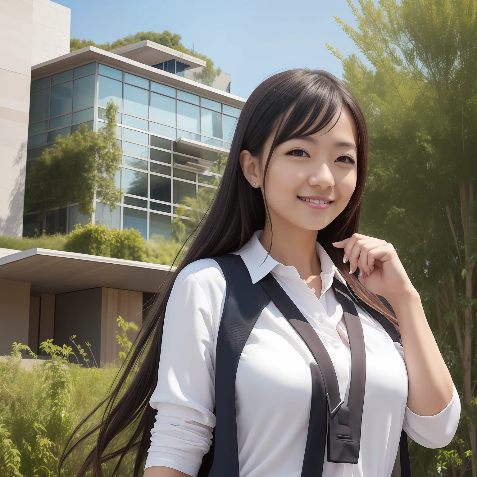 Masterpiece Quality, Top-level image quality, 8k, small size breasts, suits, career woman, In front of a skyscraper, Tie Fur , Sunny smile, Clenched fist of the right hand and stretched to the sky --auto