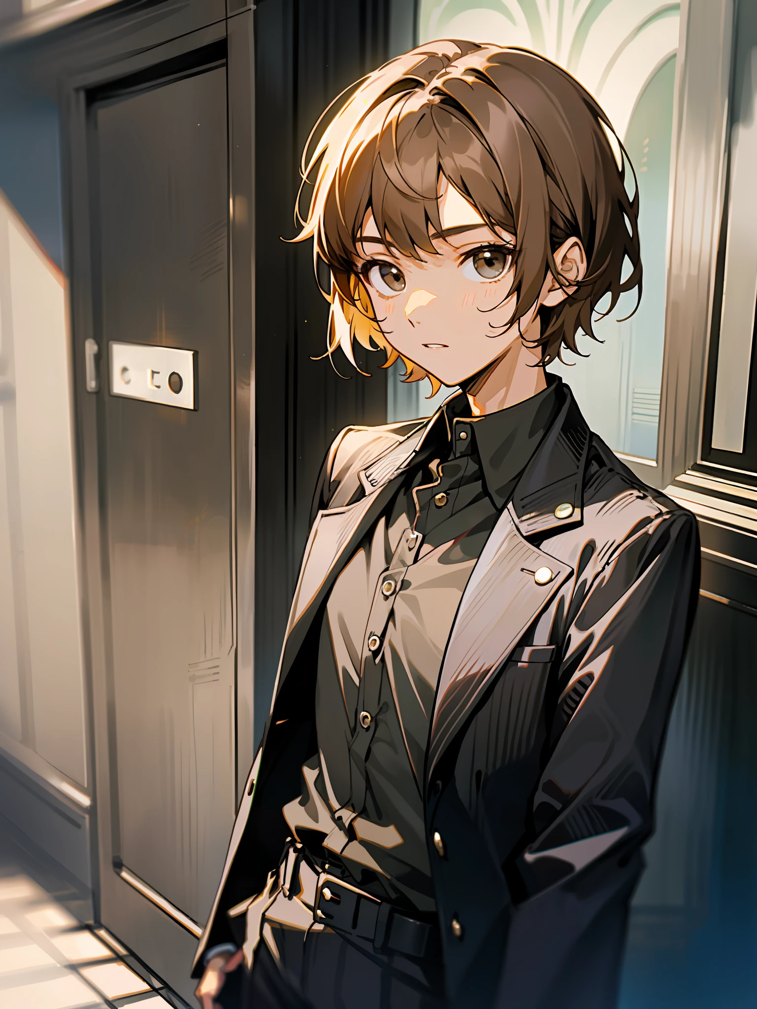 Light brown hair、short-haired、a young woman、Brown-skinned、((Black shirt without collar))、Black pantsuit、Slender、Boy-like face、The background is the entrance of a Western-style building