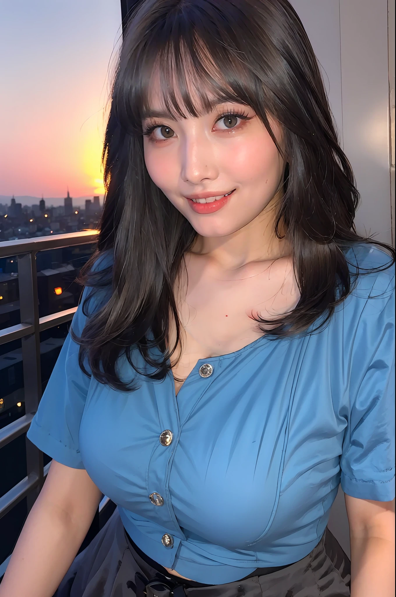 "1girl,photo of momo, brown hair,best quality,(detailed face:1.4), (looking at viewer:1.4), shiny skin, smile, city at night background ,(half body:1)low angle