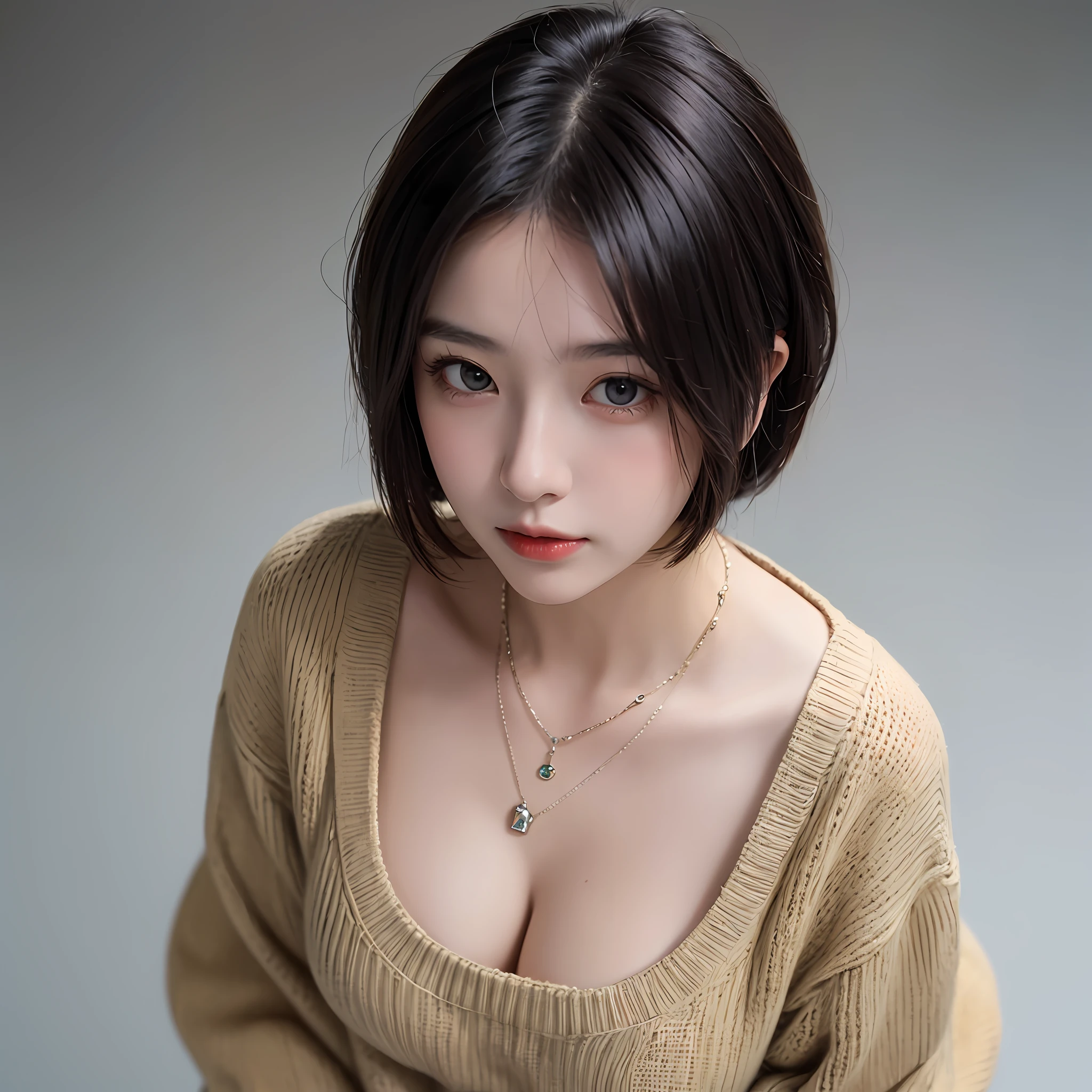 (Best quality, 8k, 32k, Masterpiece, UHD:1.2),Photo of Pretty Japanese woman, large breasts, very short bob hair,upper body,face focus,oversized_sweater, necklace, simple background, from above, looking at viewer, --auto