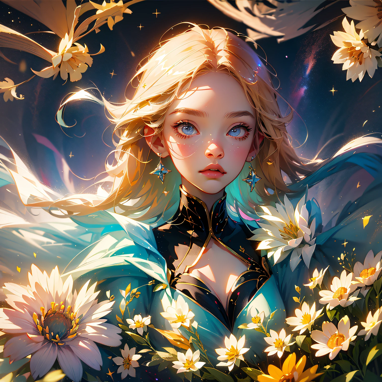 (best quality, masterpiece), 1girl, galaxy, glitter, dress, particle, wind, flower, upper body, dark simple background, looking at viewer, blonde, --auto