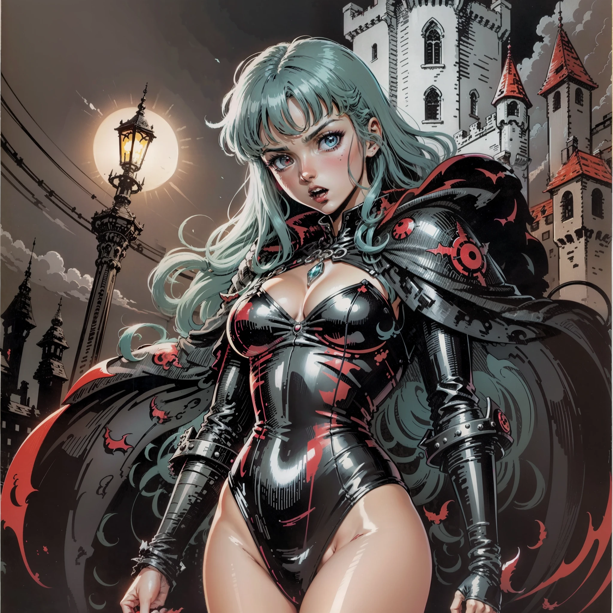 1980s anime style, berserk style, horror anime, One Girl, Detailed face, night time, low ink, low light, castle, 8k image quality, full length image, vampire girl, body suit, sexy cloth, Color Image: Black, White, Red, Blue