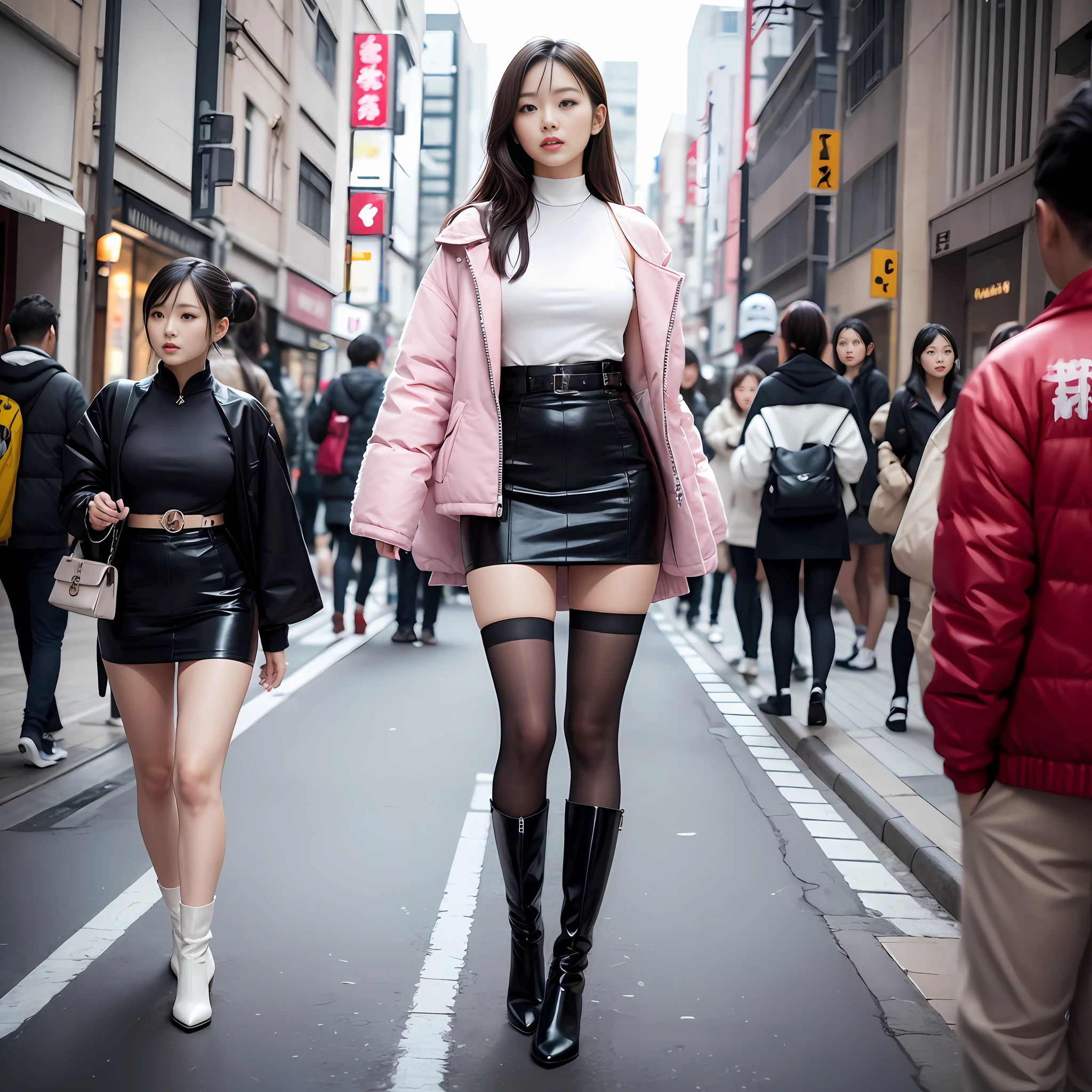 A woman in a white top and black boots standing on the street, Chinese female fashion model, white fluffy clothes, short skirt and long jacket, Japanese city street fashion, black pink Rosan Park, she wears streetwear, Japanese street fashion, Tokyo fashion, street dress woman in jacket and skirt, street fashion, Harajuku street fashion, beautiful woman walking in the wind, black gloves, over-the-knee red boots, tall, long legs, perfect body proportions, thin waist, black suspender stockings, tall, Slender body, nine-headed body, big eyes, beautiful and exquisite face, perfect body details, perfect body proportions, perfect visual proportions, fashion shooting, glamorous, feminine, delicate, highlighting female curves, subtext: sexy, confident. Chinese woman --auto --s2