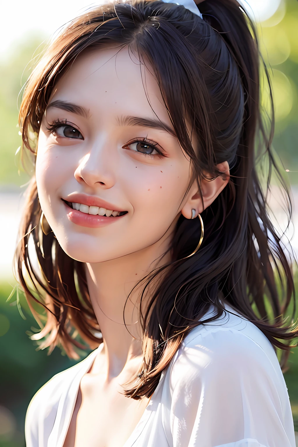 (8k, RAW photos,best quality, high resolution:1.1), (hyperrealistic:1.4),(realistic, photorealistic:1.3), soft light,big breasts,girl,realistic face,realistic body,realistic skin,absurdity,masterpiece,(cute:1.8), cuties, solo, (big breasts:1.2), detailed black eyes,innocent eyes,blusher,(t-shirt:1.2), cinema light,film grain,jewelry,earrings,((Medium hair:1.1)),((Floating Hair Novafrog Style)),cherry colored lips,hair ribbon,hair bow,ponytail,closeup,look viewer,long hair,upper body,open lips,upper teeth, (smiling eyes:0.6),((grinning:1.2)),depth of field, blurred background, eye focus, Bokeh,Young, 85mm Lens, f/1.4,Professional Lighting, Young,Portrait,Photon Mapping,Radiosity,Physically Based Rendering,No Bra
