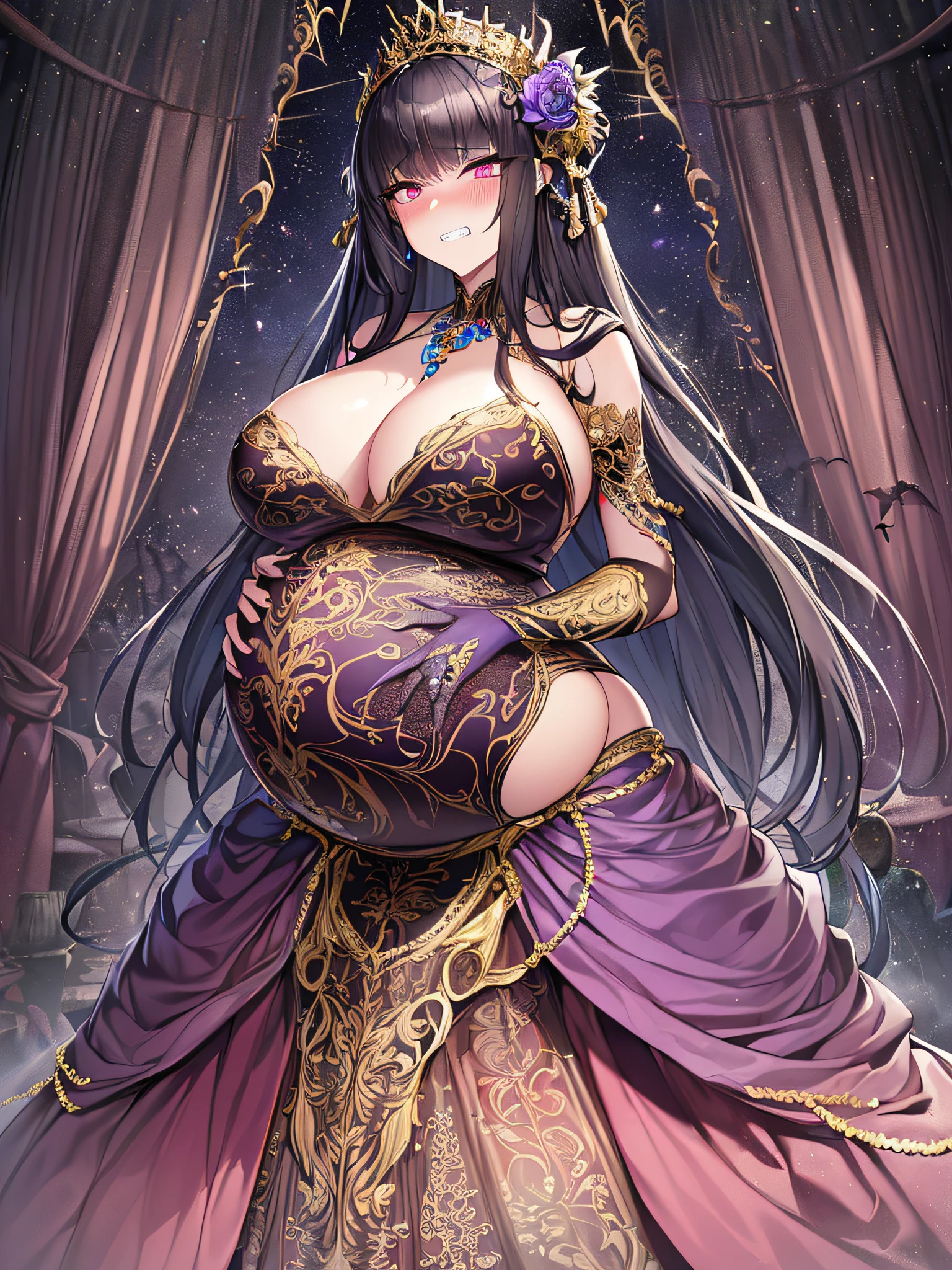 ((anime artstyle)),(Masterpiece),(Best Quality), (Super Detail),((Very Delicate and Beautiful)),Focus on character,Dynamic Angle,Looking at viewer,((Solo)),standing,(((full body))),(((one evil pregnant princess in gorgeous ball gown with voluminous skirt))),detailed face and eyes,((heavily pregnant)),((clenched teeth,blush)),embarrassed,jewel-like eyes,((Very Long voluminous Hair)),gorgeous embroidery and lace,See-through,ornate ruffles,Gorgeous jewelry ornaments,luxury hair ornament,luxury and evil tiara with jewels,(gigantic breasts,Long breasts),full body,(((evil and dark atmosphere))),full body,heavily pregnant,(inside of prison),jeweled evil ball gown,(((gorgeous ball gown with voluminous skirt)))