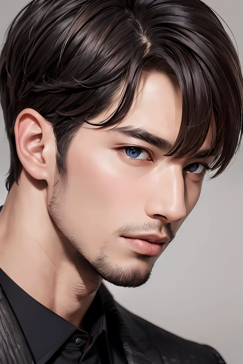(masterpiece:1.2),(best_quality:1.4),(highres:1.1),(ultra-detailed:1.2),1 man,korean,good_shoulder,fashion_model,model_pose,(black male perm hair),(eye close-up),model,(handsome) Clear eyes,Men's Hairstyle,black eyes,