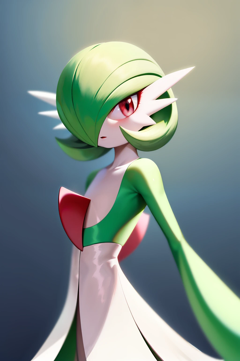 masterpiece, best_quality, 1girl, solo, gardevoir, creatures \(company\), game freak, nintendo, pokemon, pokemon \(game\), pokemon unite, bangs, colored skin, female focus, flat chest, gen 3 pokemon, green hair, green skin, hair over one eye, multicolored skin, pokemon \(creature\), red eyes, short hair, two-tone skin, white skin