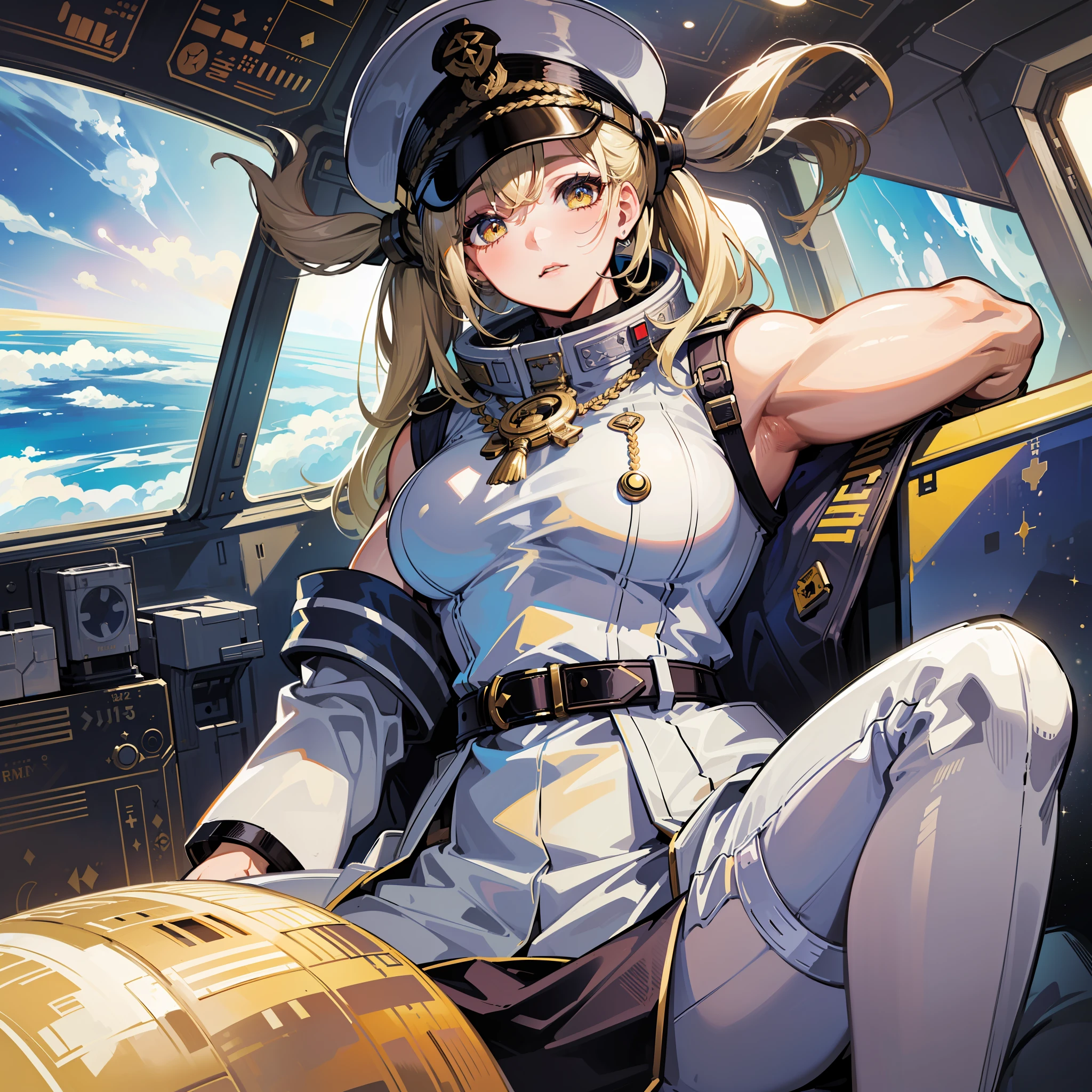 ((Masterpiece)), ((Highest Image Quality)), (((Best Quality)), (Illustration of One Girl), Full Body, 25 Years Old, (Neutral)), ((Blonde Twin Tails)), Light Golden Eyes, (Tall)), (Muscular Strong Body)), ((Muscular and Thick Body)), ((Muscular and Thick Arms)), ((Muscular and Thick Legs)), (Manspreading)), Open Legs, (((Army Uniform)), (Army Hat)), (((Army Coat)), (white clothes), (white pants), (white hat), trench coat, ((inside the spaceship, sitting in the captain's seat)), (outside the window, space, Earth seen from space, spaceport)