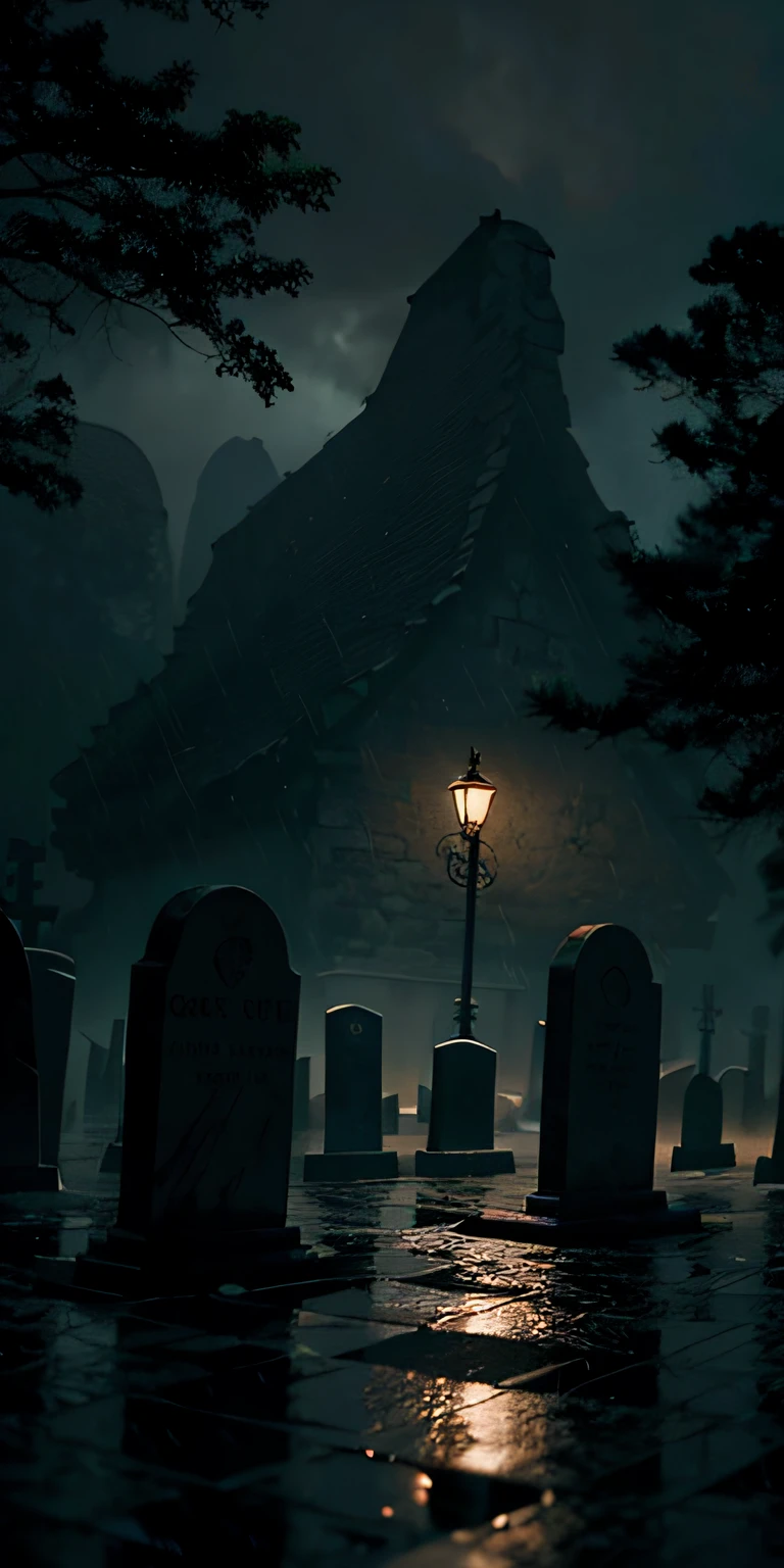 photorealistic, best quality, masterpiece, rainy graveyard, spirit dark theme, dim light, nether, chthonian, gloominess