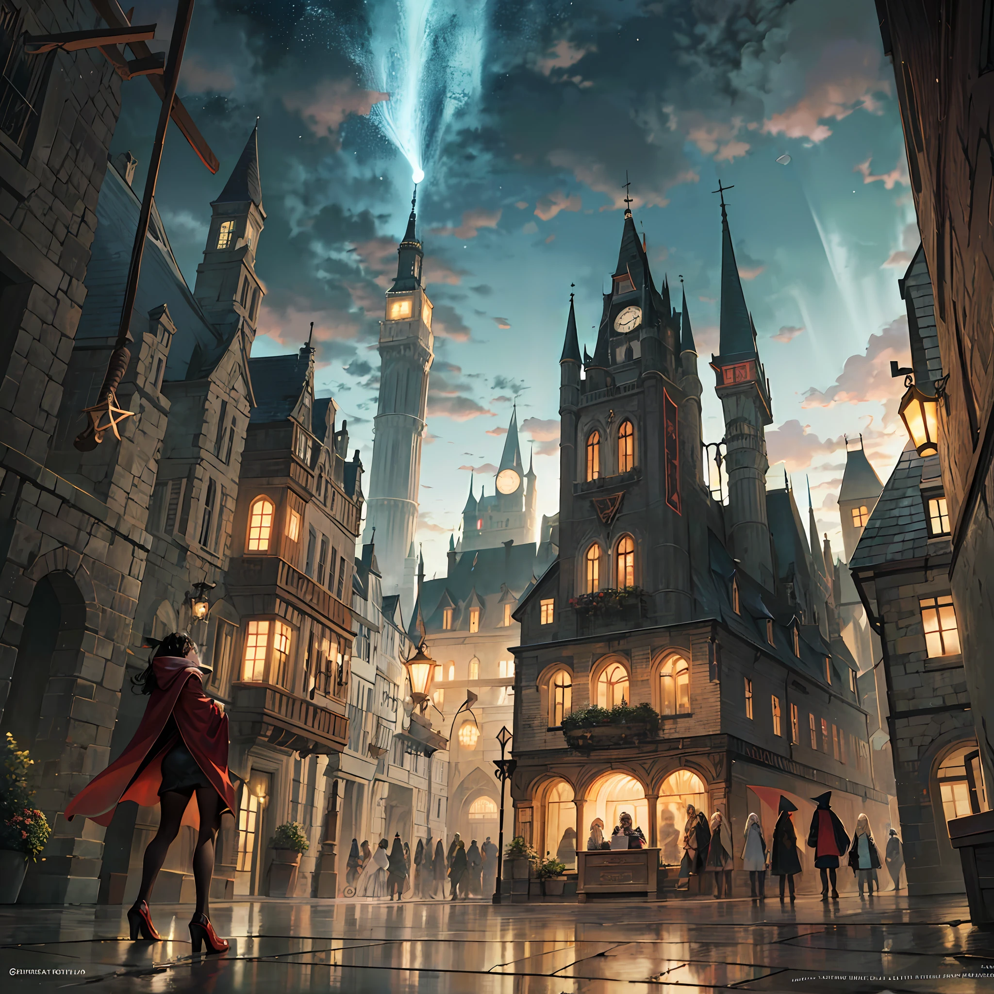 A witch in a cloak，Delicate face，Looking at the tall tower in the distance，Magic wand in hand，extreme hight detail，Movie special effects，specifics，Harry Potter World