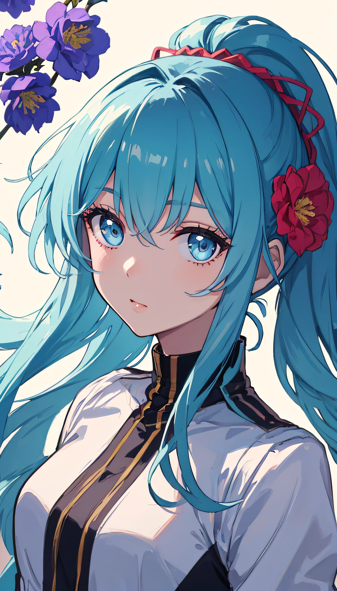 (masterpiece), (best quality), (ultra detailed),(disheveled hair),(illustration), (1girl), (Fashionable clothing), standing, Fashion model, looking at viewer, (interview), (simple background),beautiful detailed eyes, delicate beautiful face, Floating,(high saturation),(colorful splashes),colorful bubble,(shining), focus on face,  ponytail, kamisato ayaka, light blue hair, bangs, hair ring, floating flowers, floating hairs, (shining), best lighting, best shadow,