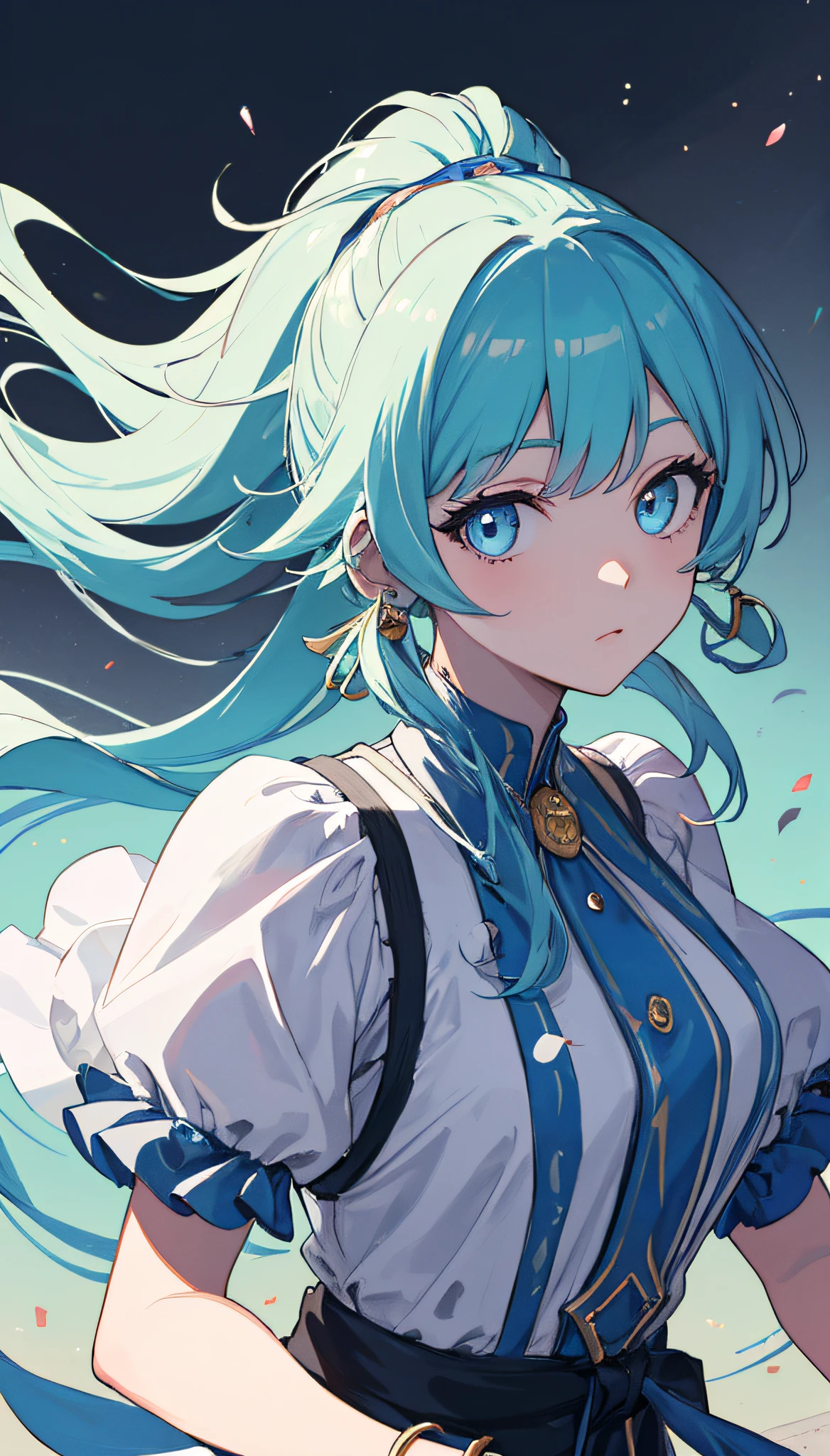 (masterpiece), (best quality), (ultra detailed),(disheveled hair),(illustration), (1girl), (Fashionable clothing), standing, Fashion model, looking at viewer, (interview), (simple background),beautiful detailed eyes, delicate beautiful face, Floating,(high saturation),(colorful splashes),colorful bubble,(shining), focus on face,  ponytail, kamisato ayaka, light blue hair, bangs, hair ring, floating flowers, floating hairs, (shining), best lighting, best shadow,