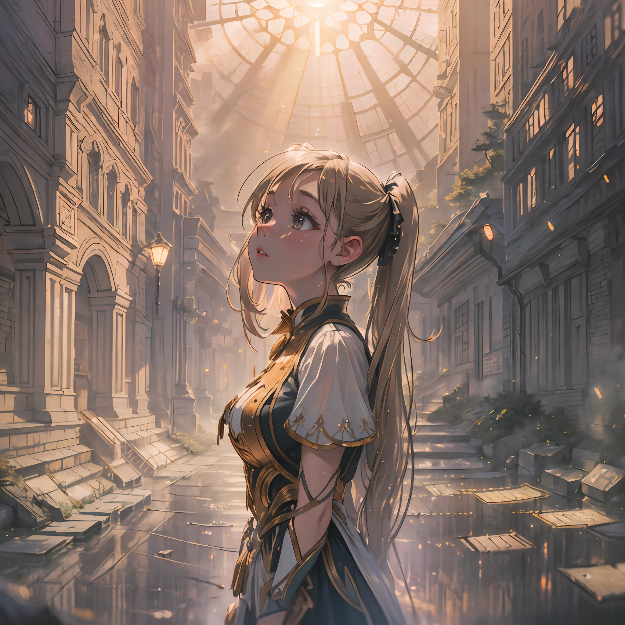 (award winning 64k concept art:1.3) of (young woman looking up standing:1.2), close to camera, sweet, black, front, epic, god rays, (masterpiece:1.4), (best quality:1.4), Amazing, beautiful, finely detailed, warm soft color grading, (Depth of field:1.4), extremely detailed 64k, fine art, stunning, (light reflections:1.2), (crisp:1.6), gold twin tails, vibrant, (edge detection:1.4), absurdres, impressive, 120mm, clear, lens flare, symmetrical clothes, wide shot, wide angle, massive ruins