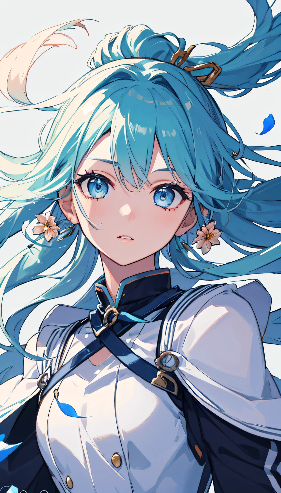 (masterpiece), (best quality), (ultra detailed),(disheveled hair),(illustration), (1girl), (Fashionable clothing), standing, Fashion model, looking at viewer, (interview), (simple background),beautiful detailed eyes, delicate beautiful face, Floating,(high saturation),(colorful splashes),colorful bubble,(shining), focus on face,  ponytail, kamisato ayaka, light blue hair, bangs, hair ring, floating flowers, floating hairs, (shining), best lighting, best shadow,