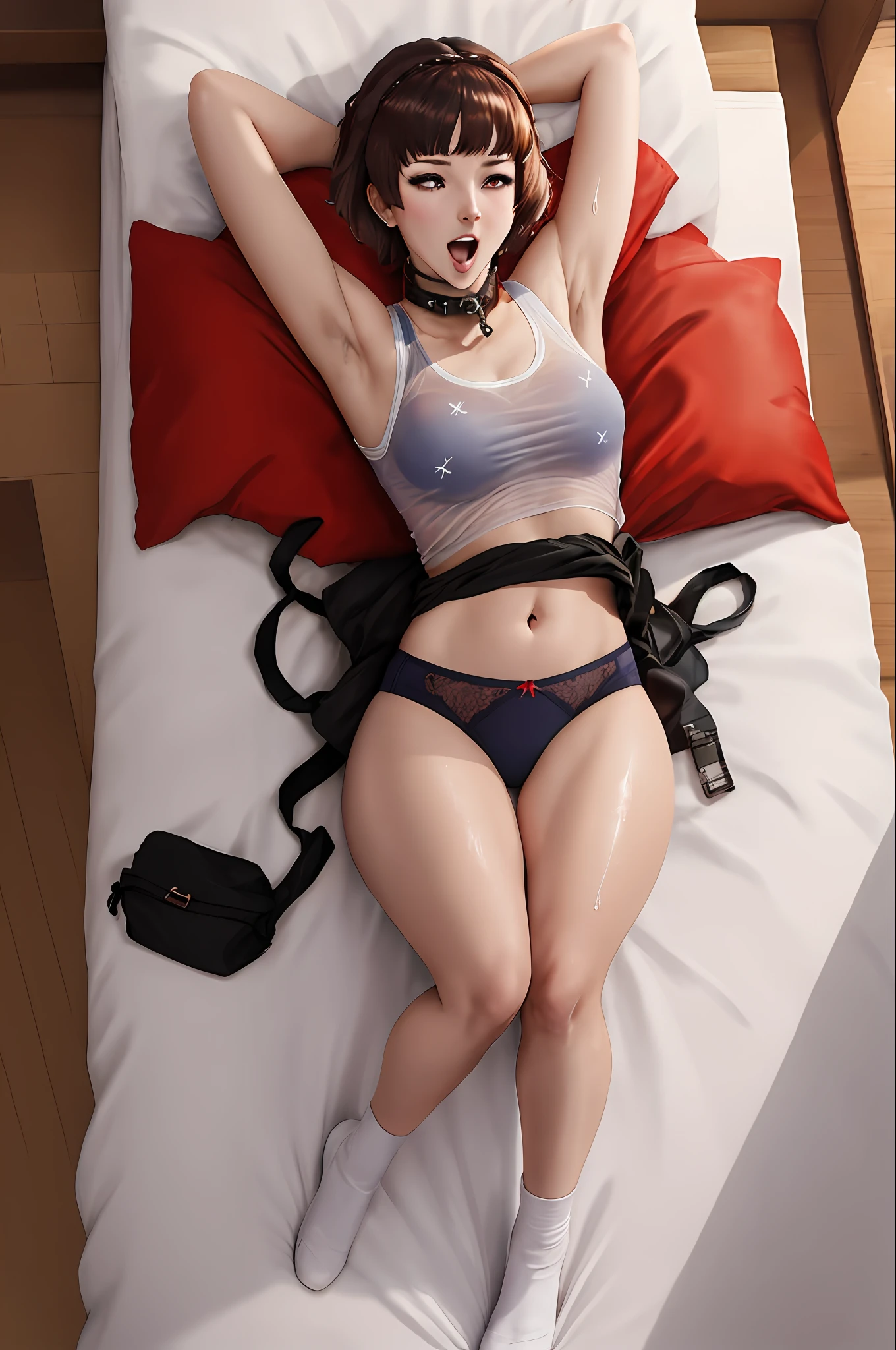 Full body, push-ups, top view, Solo, Makoto_Niijima (da persona 5, 1 female, white skin, Japan person, red eyes, short brown hair, braids like hair bows over the hair, small) sleeping in bed, belly showing, arms raised, armpits. (to the smallest detail), Anime, Best shadow, Depth of field, (Masterpiece), (Best Quality), 4K, High Detail, Anatomically correct, ultra-fine translucent wet thread, wearing wet see-through light fancy rainbow colour panties, sparkly skin, sweating, emphasizing thighs and crotch, camel toe, training form, exercises, sweating, military train, military uniform packed, Amazon hairstyles, leash collar, open wide mouth , tongue out piercing split,