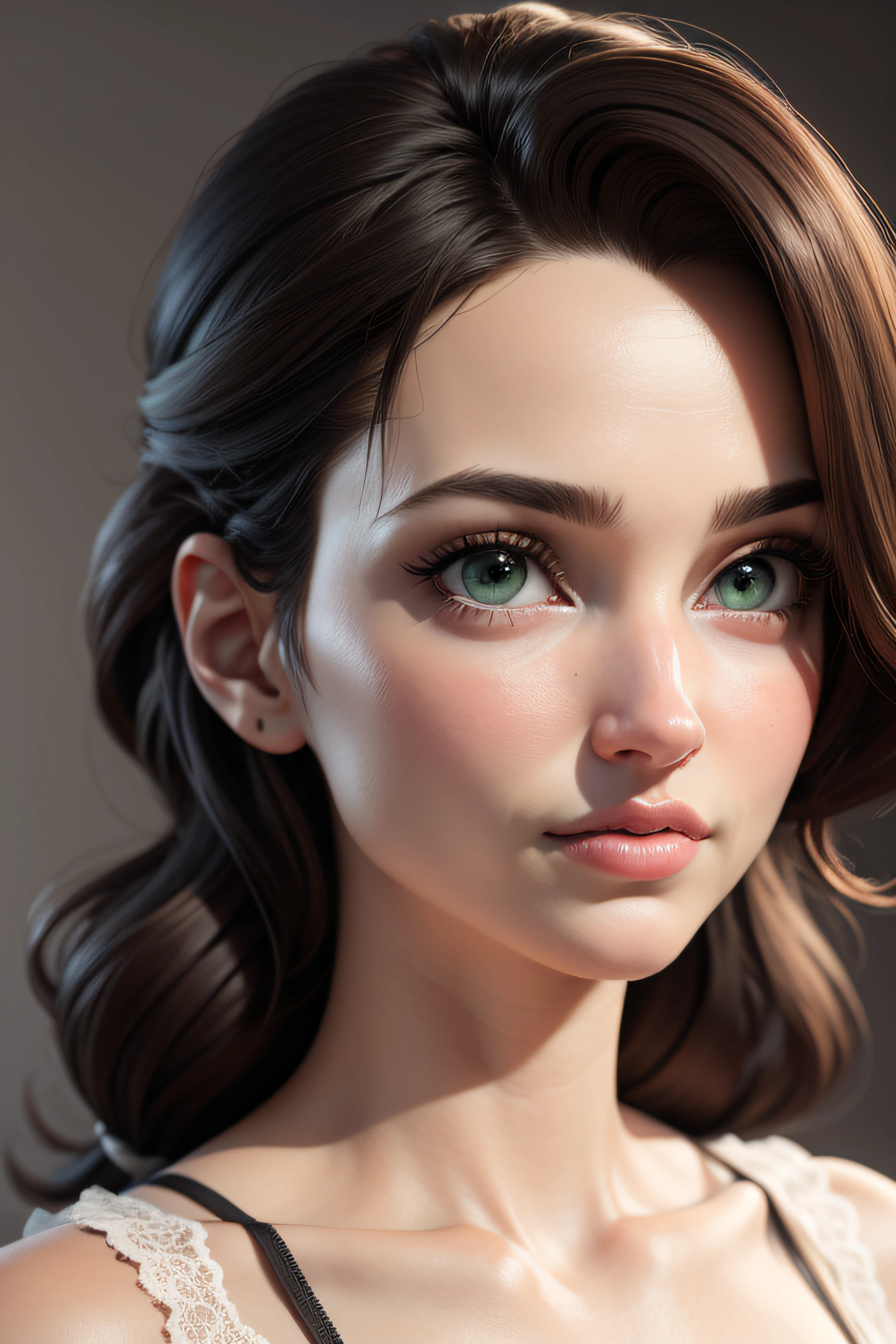 obra-prima, melhor qualidade, trabalho de rending 3d, estilo 3DMM, close-up, retrato, 3D, Atriz Natalie Portman, solo, cabelo castanho, colar de corda, olhando para o lado, realista, parte superior do corpo, fundo simples, franja, olhando para longe, cabelo preto longo, lips parted, maquiagem, cabelo encaracolado castanho longo, olhos verdes, lingerie rosa, decote, aerith gainsborough, aerith