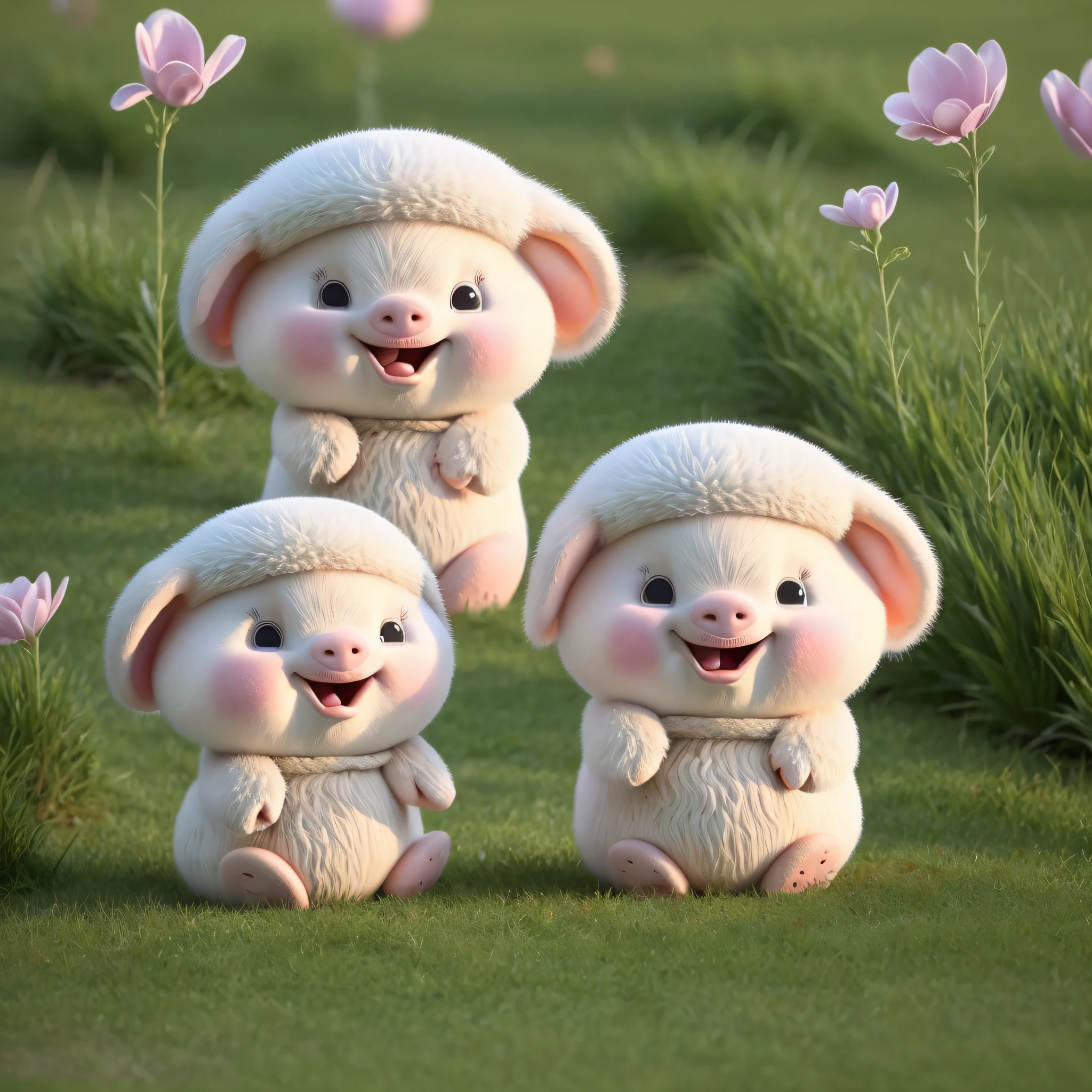 Superb image quality,Warm painting style,Super meticulous,The mushroom-shaped fat pig is covered with thick and soft hair,The shy expression makes people feel pity,The cute big pig ears showed excitement,Stretch out and move on the fresh grass,Occasionally open your mouth and smell the flowers,The picture is full of harmony and pleasant atmosphere。