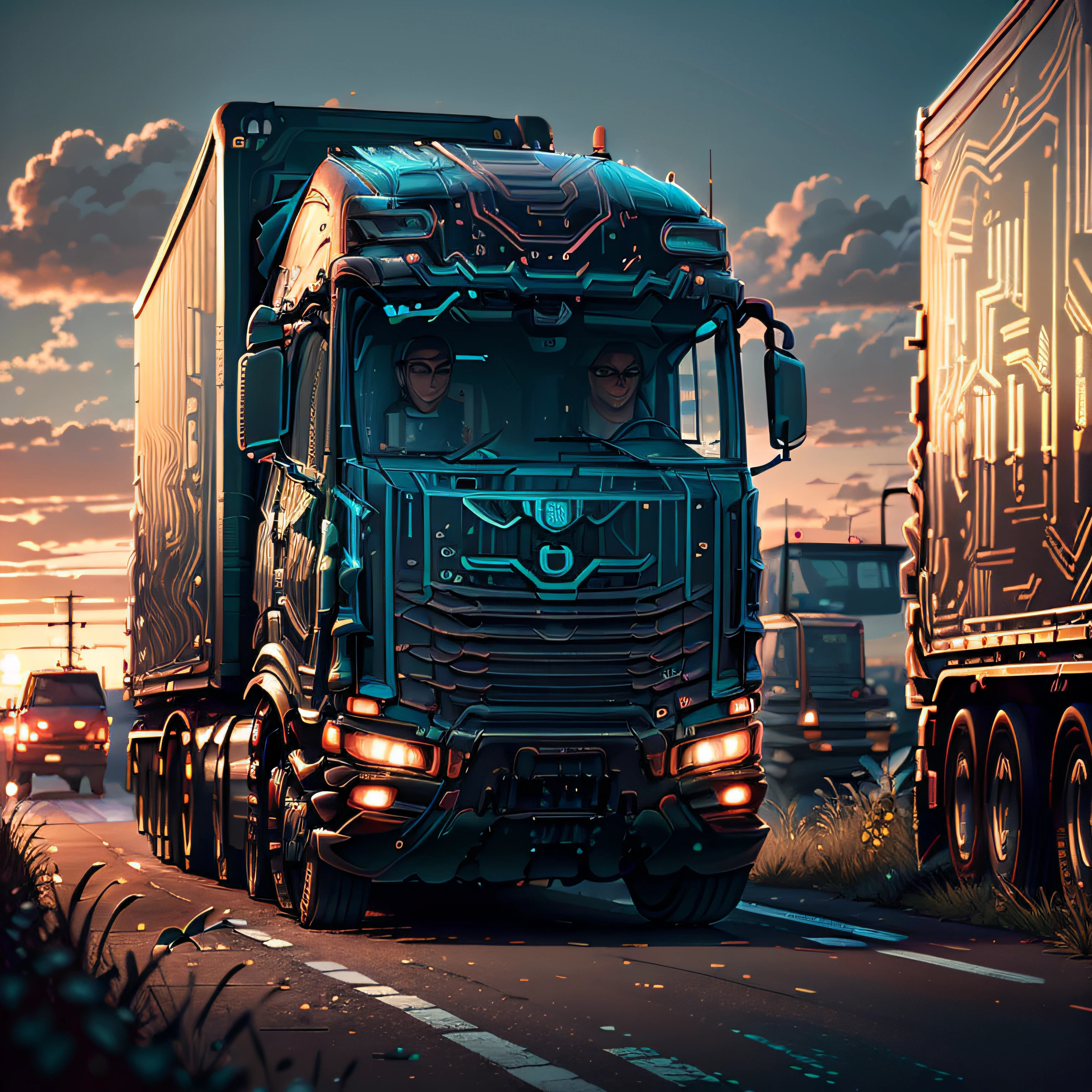 European truck at sunset in cyberpunk style --auto