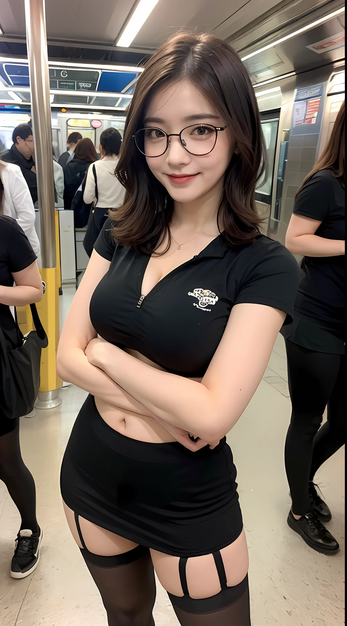 ((midnight, need, 8K, nmasterpiece:1.3)), a whole body, Long legs, Focalors:1.2, Plump body,perfect figure beautiful woman:1.4,((Dark brown hair, Giant tits:1.2 )), (Low-cut T-shirt, silk stockings,Short skirt, Station:1.2), ((Crowded subway)), Highly detailed facial and skin texture, detailed eye, 双眼皮,wears glasses,with full breasts,Smile with,bigger breasts, Wavy hair,Back Shadow,to stand,blackstockings,a short skirt, White sneakers